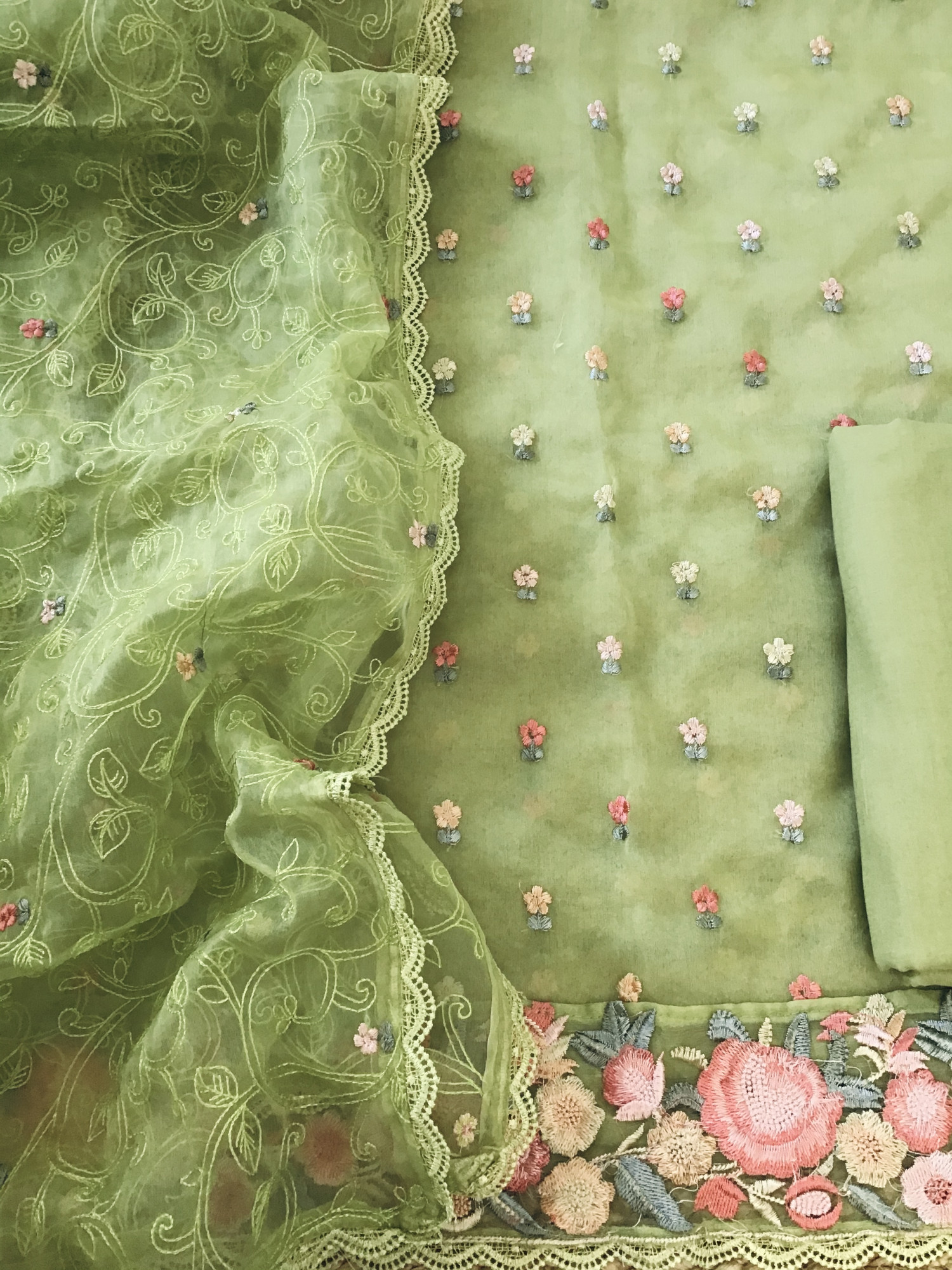 Soft Organza Embroidered Suit - Green