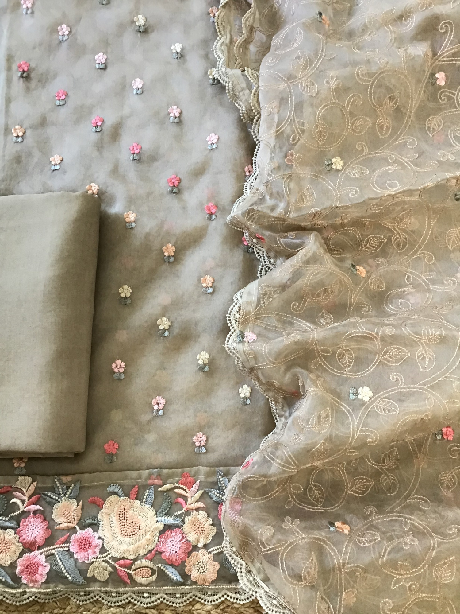 Soft Organza Embroidered Suit - Beige