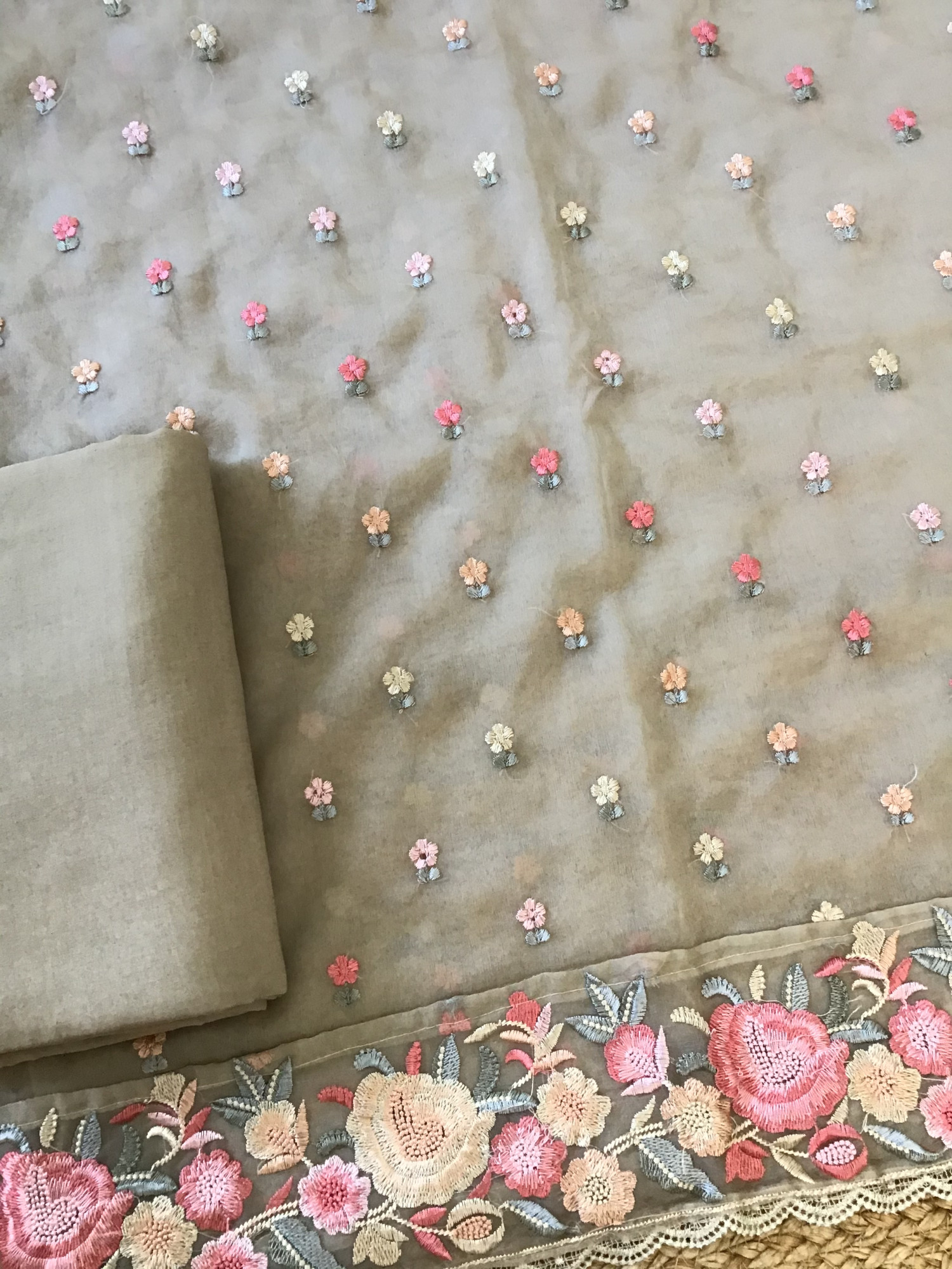 Soft Organza Embroidered Suit - Beige