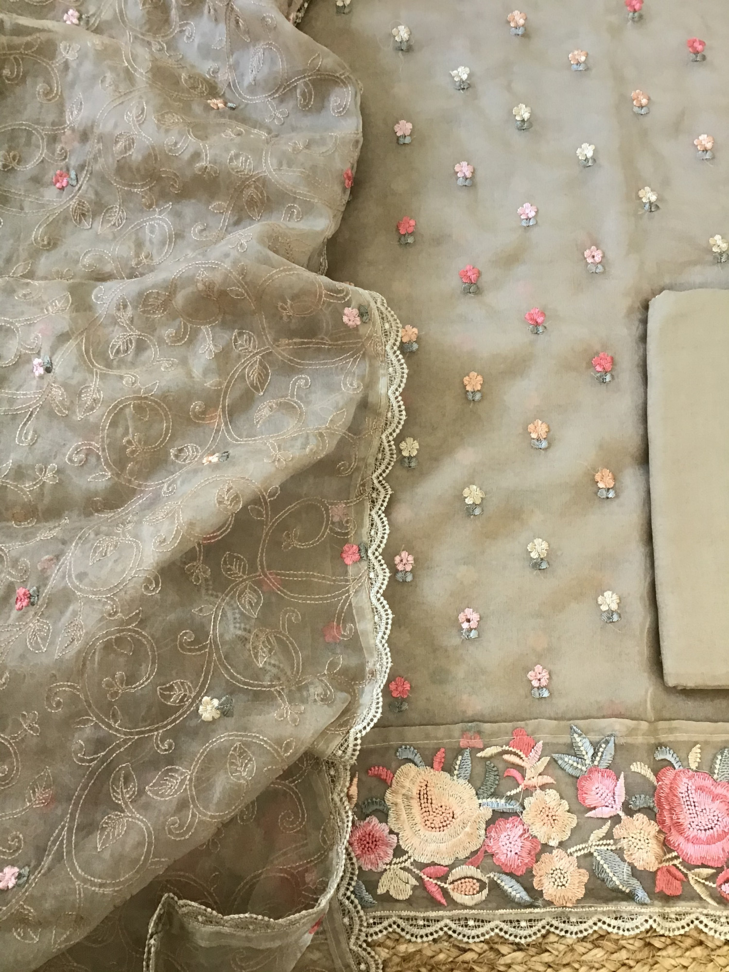 Soft Organza Embroidered Suit - Beige