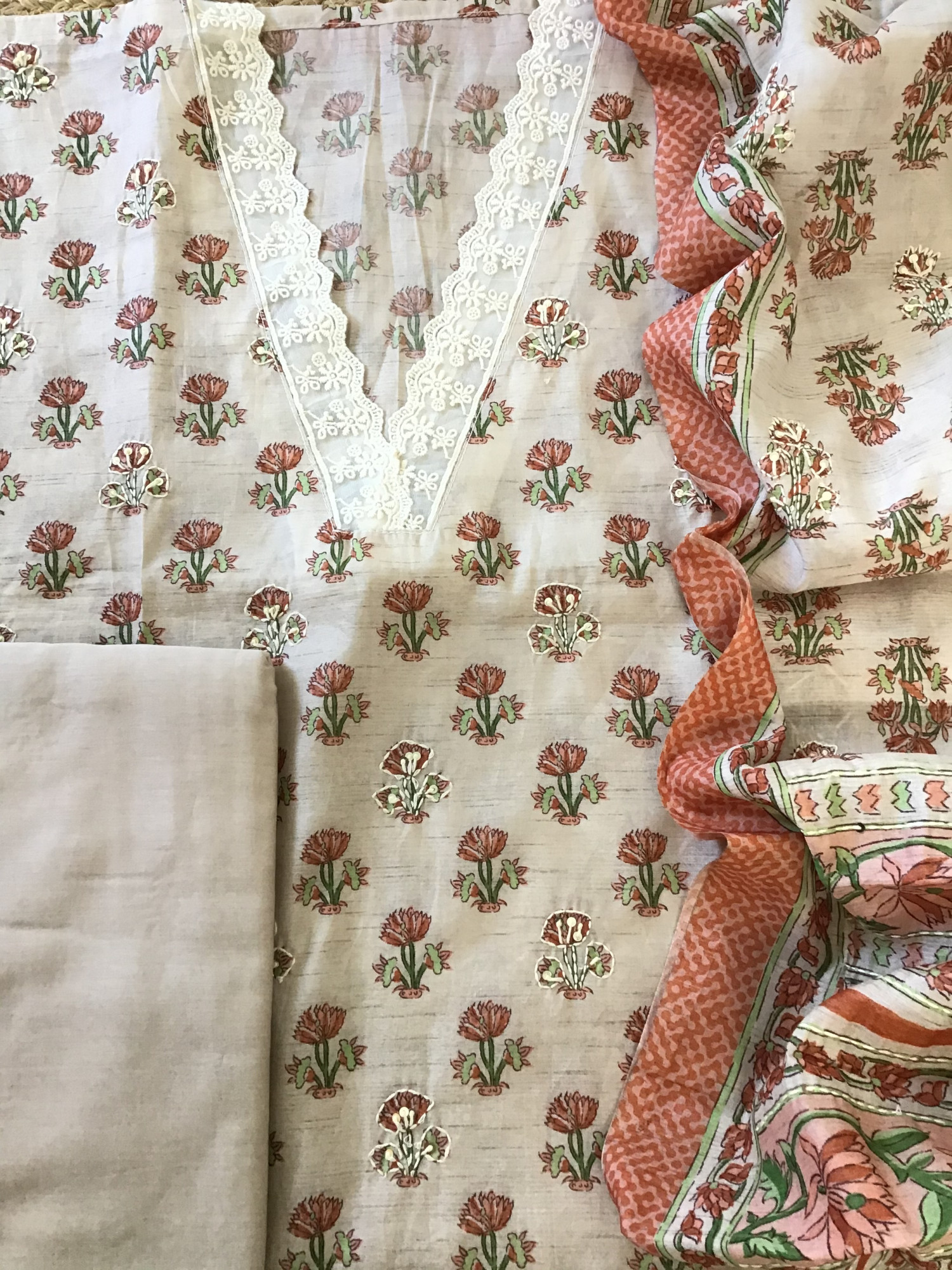 Soft Kora Chanderi Printed Embroidered Suit - BeigeBrown