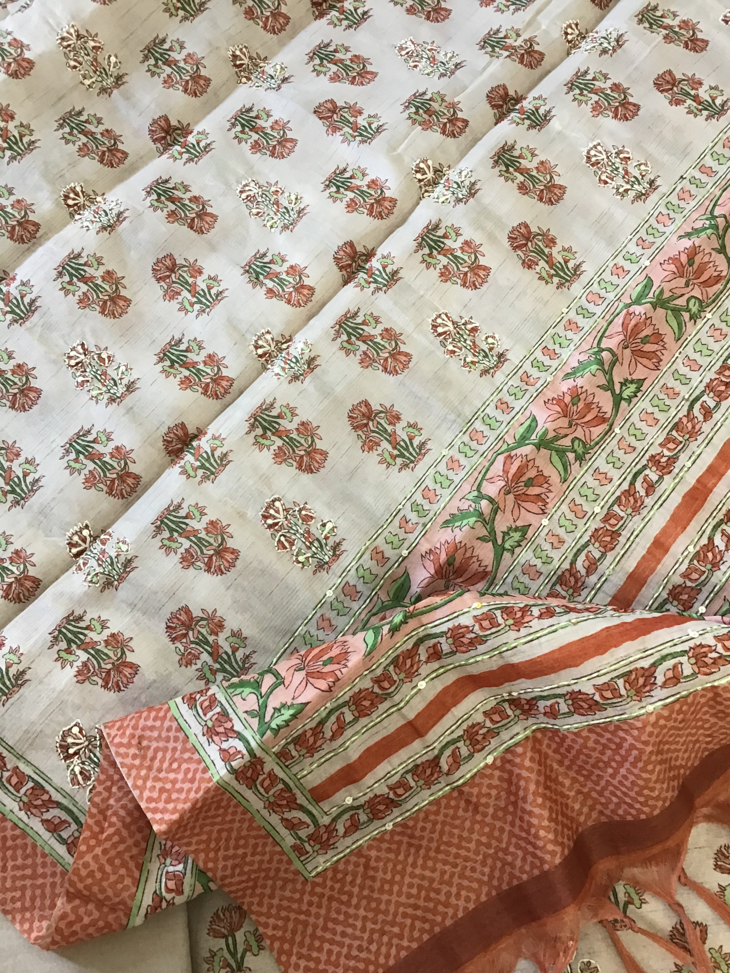 Soft Kora Chanderi Printed Embroidered Suit - BeigeBrown