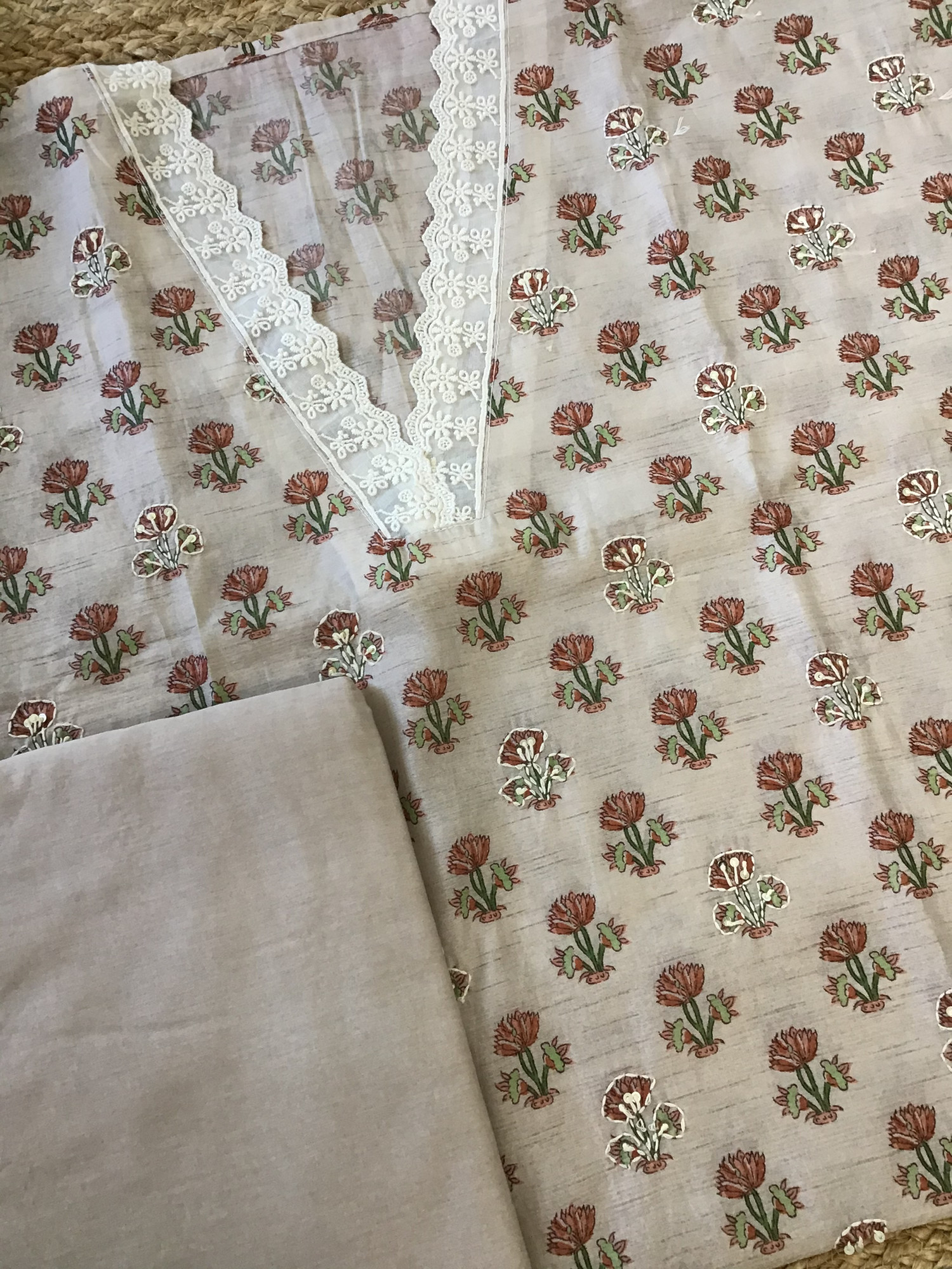 Soft Kora Chanderi Printed Embroidered Suit - BeigeBrown