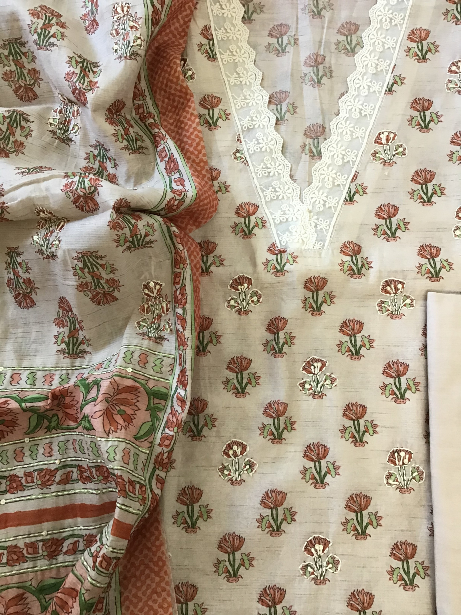 Soft Kora Chanderi Printed Embroidered Suit - BeigeBrown