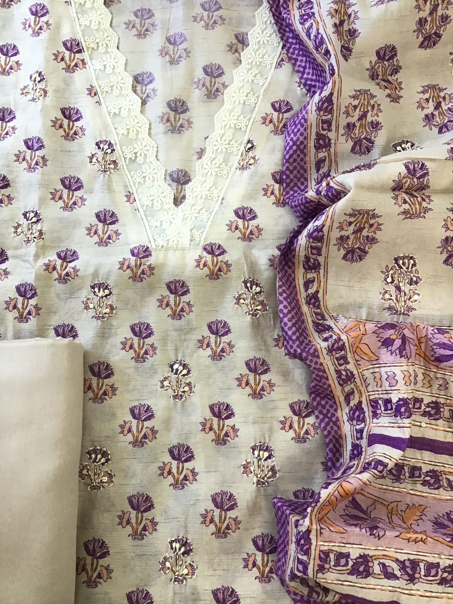 Soft Kora Chanderi Printed Embroidered Suit - BeigePurple