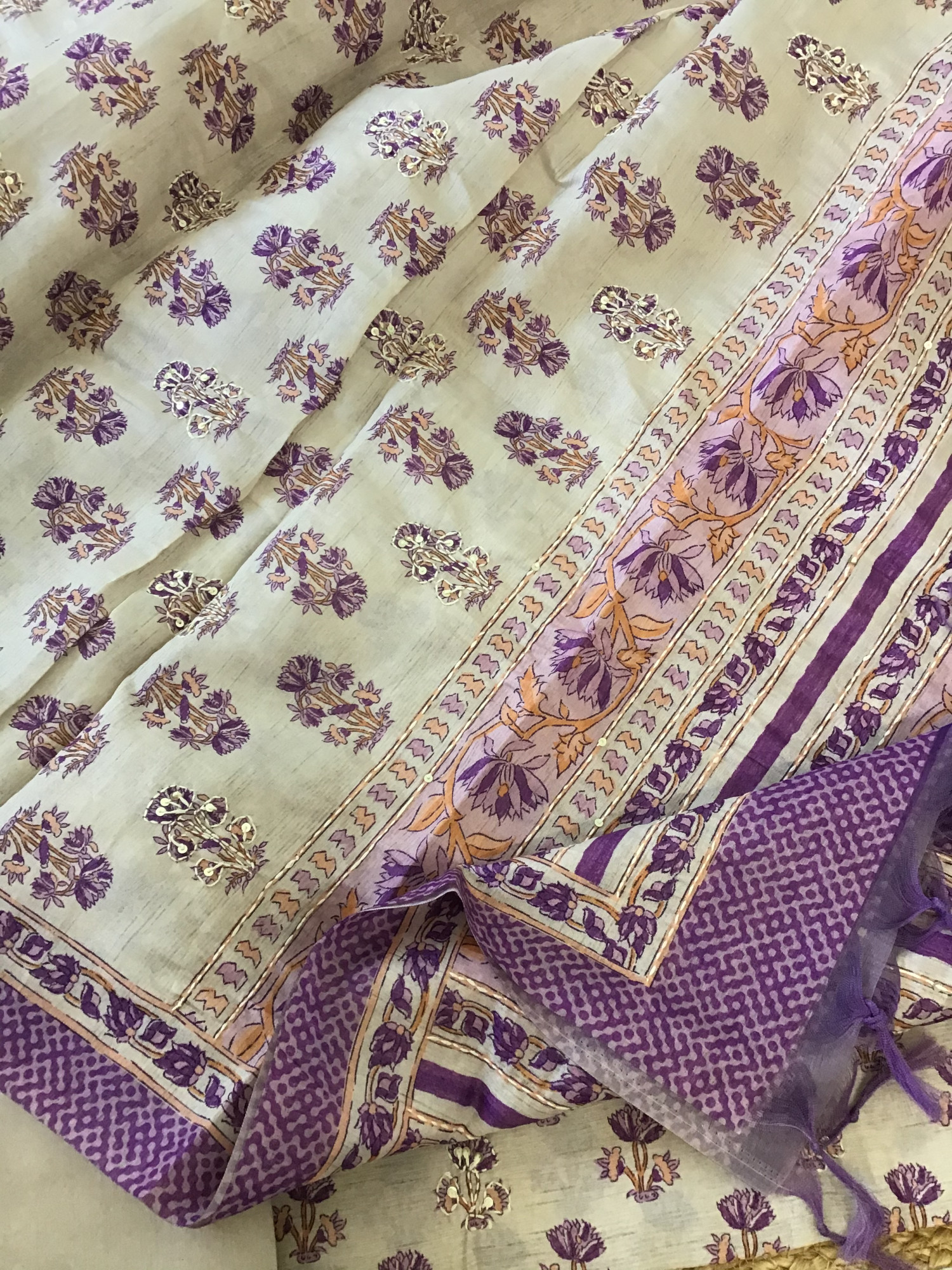 Soft Kora Chanderi Printed Embroidered Suit - BeigePurple