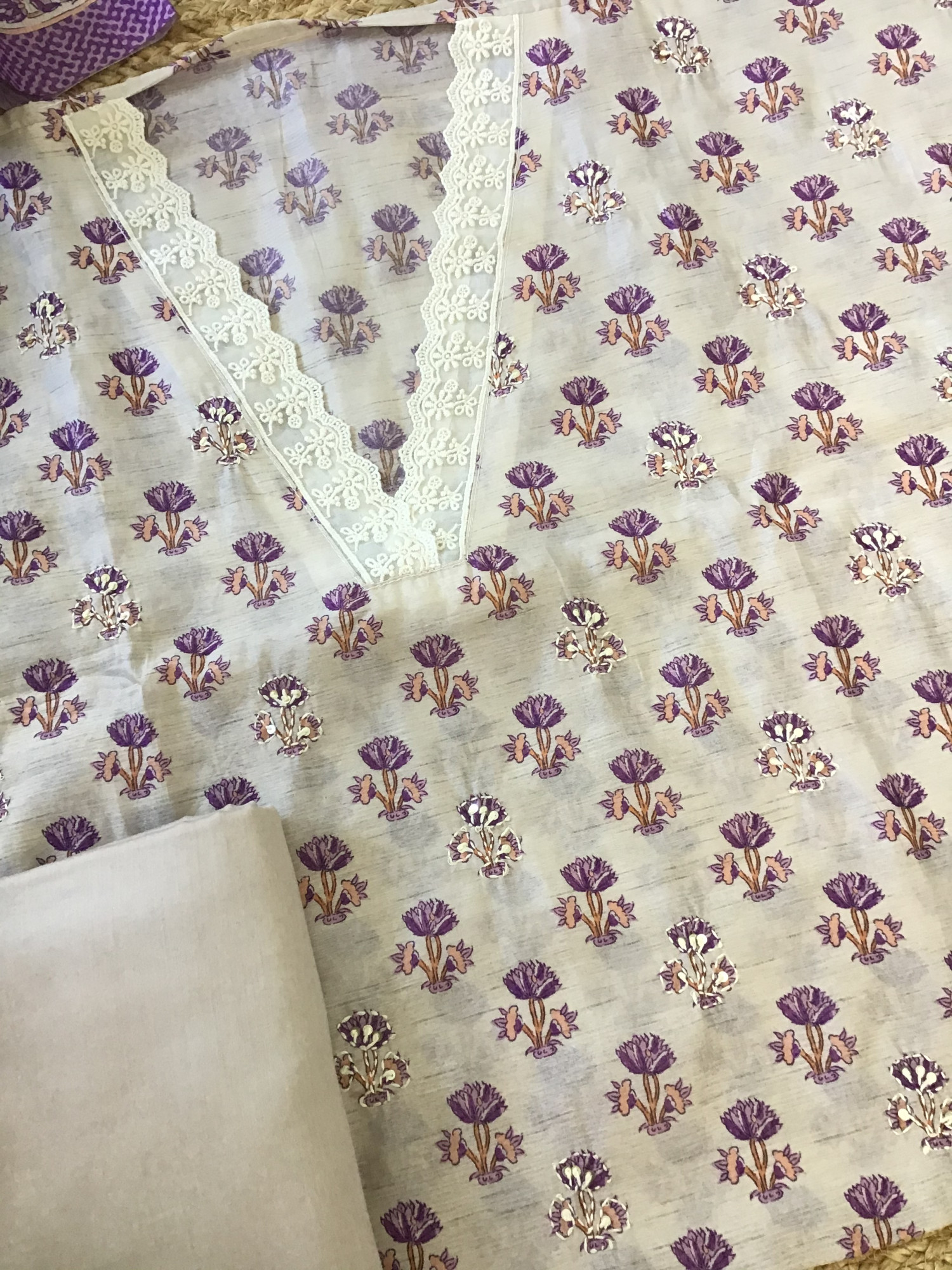 Soft Kora Chanderi Printed Embroidered Suit - BeigePurple