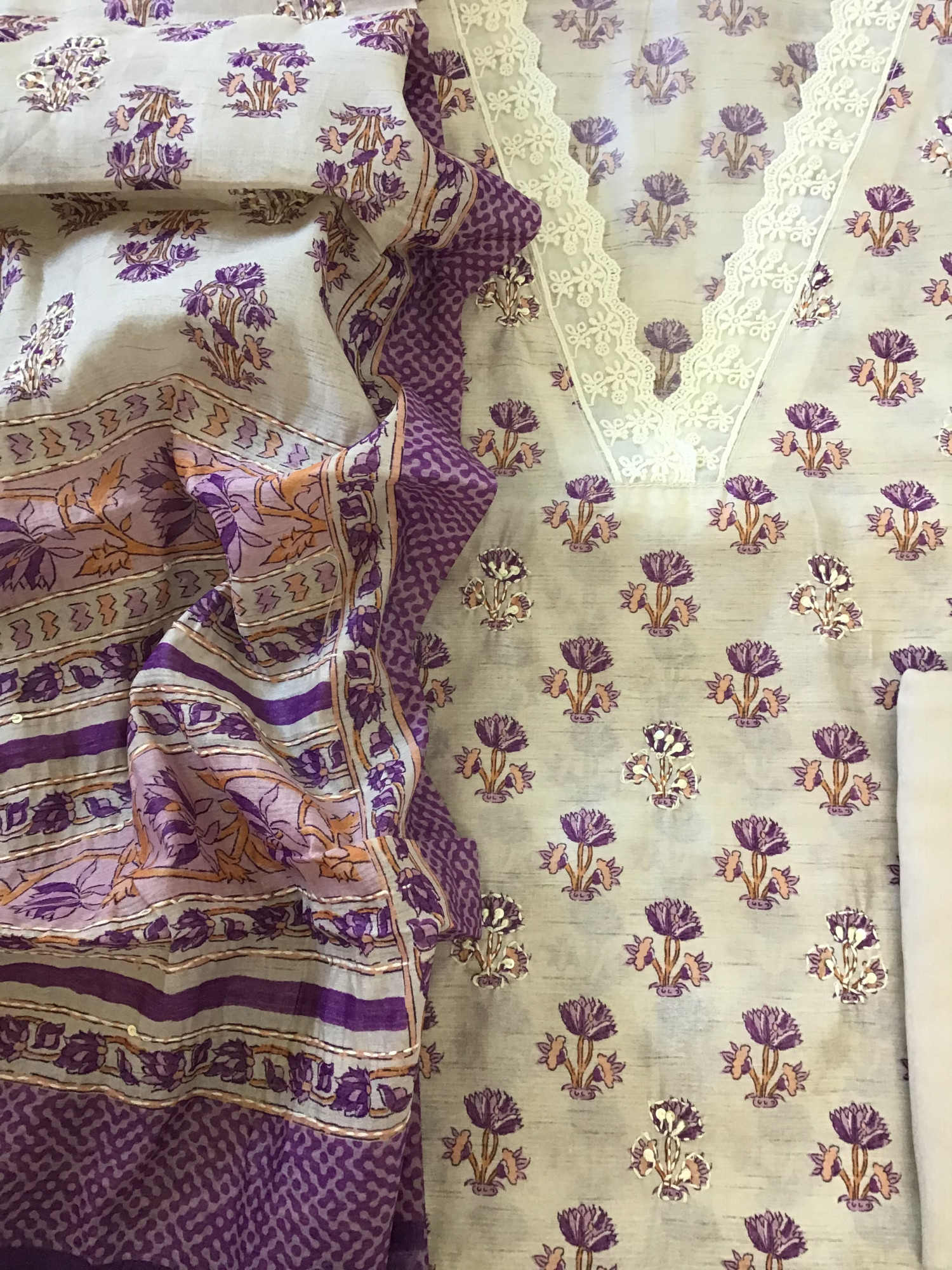 Soft Kora Chanderi Printed Embroidered Suit - BeigePurple