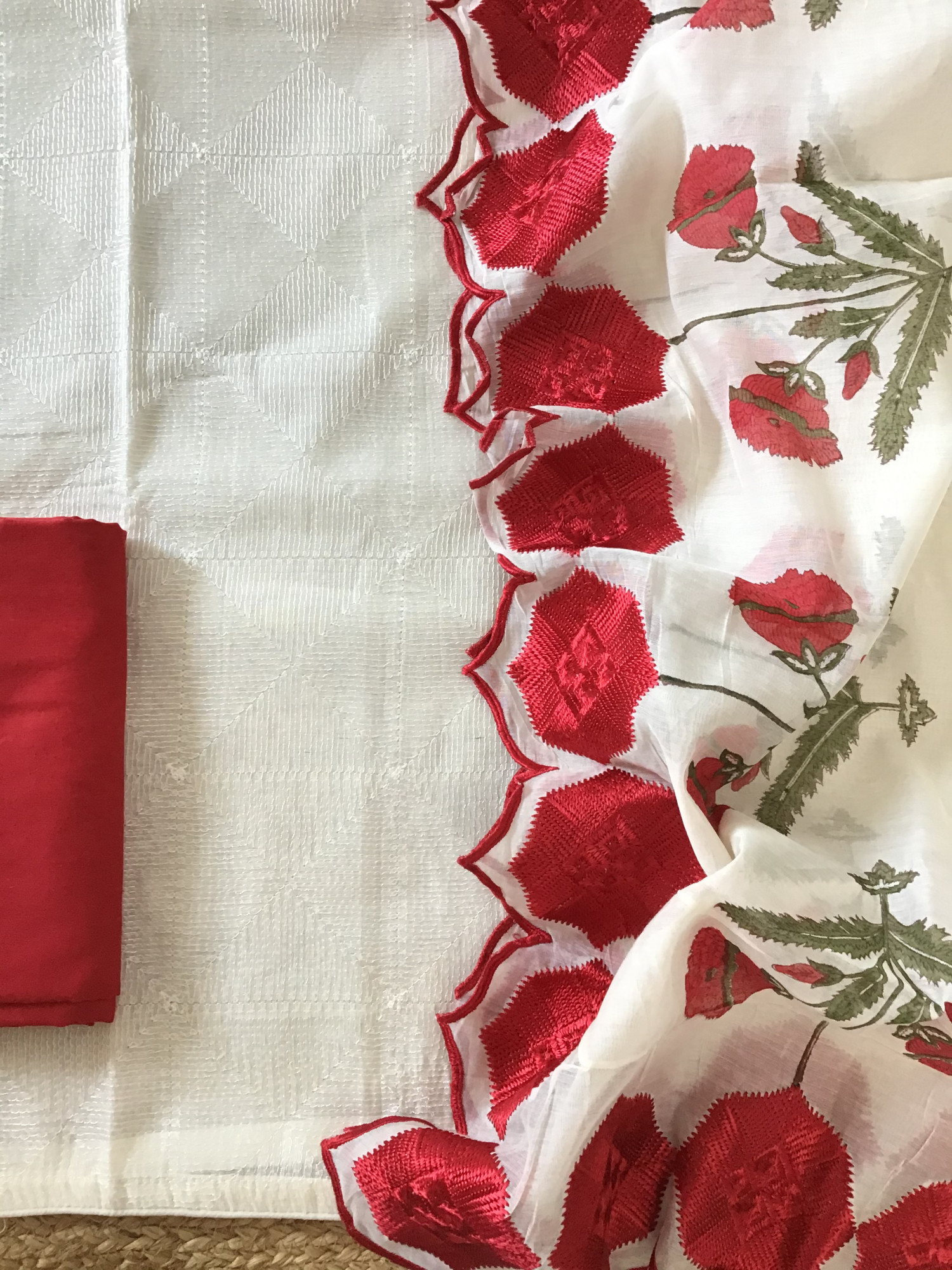 Pure Chanderi Embroidered Suit - WhiteRed