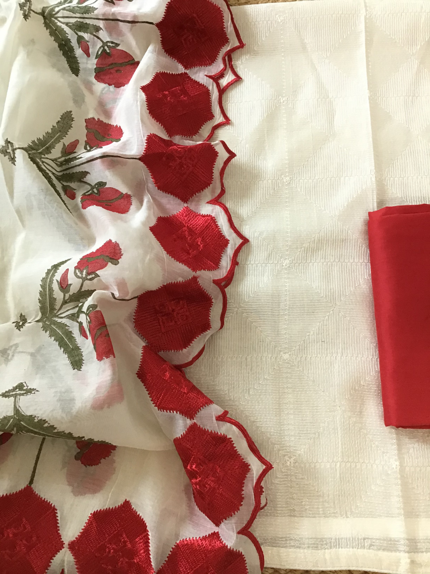 Pure Chanderi Embroidered Suit - WhiteRed