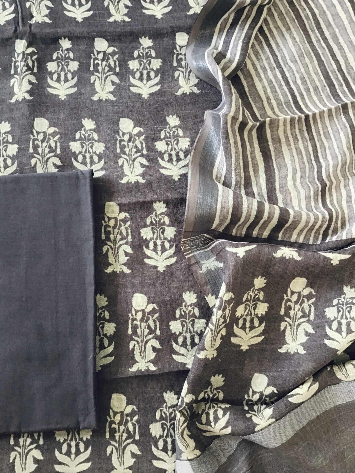 Pure Linen Jute Cotton Silk Printed Suit - Brown