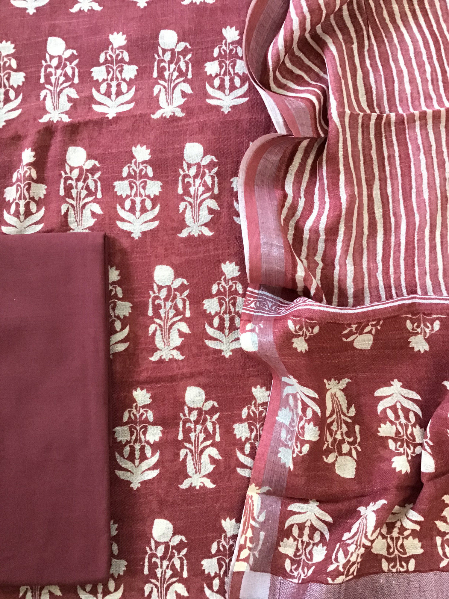 Pure Linen Jute Cotton Silk Printed Suit - Maroon