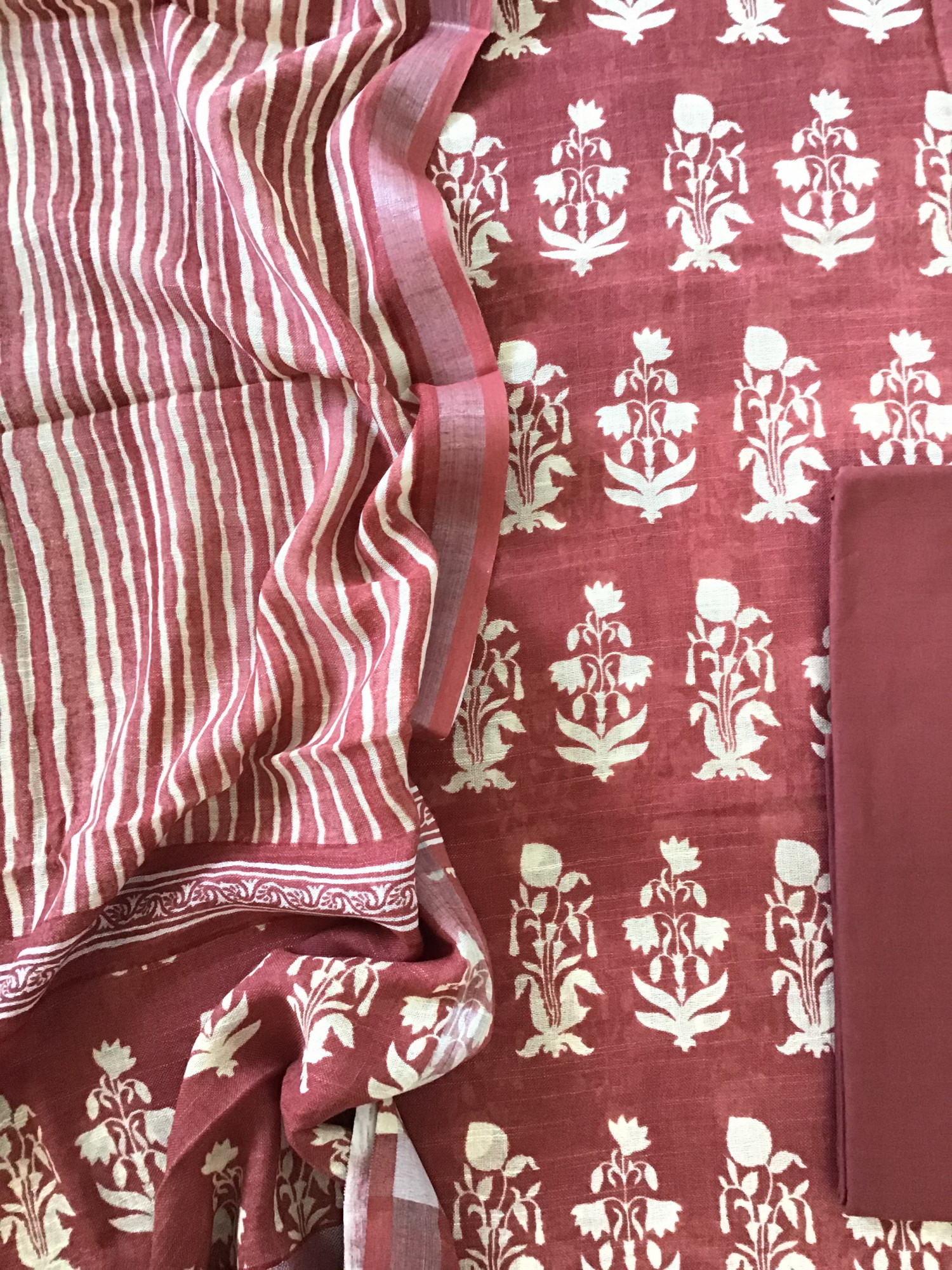 Pure Linen Jute Cotton Silk Printed Suit - Maroon