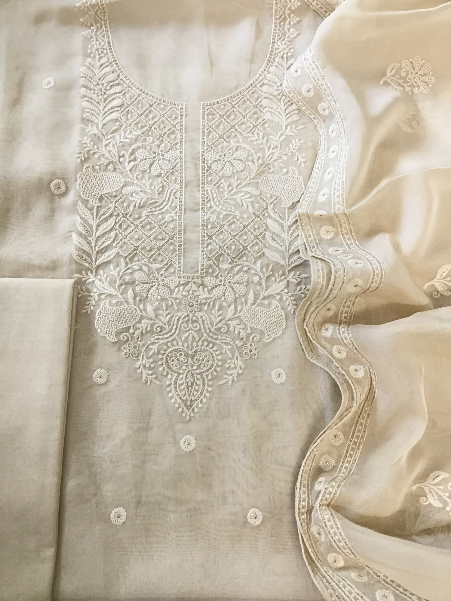 Soft Organza Embroidered Suit - Offwhite