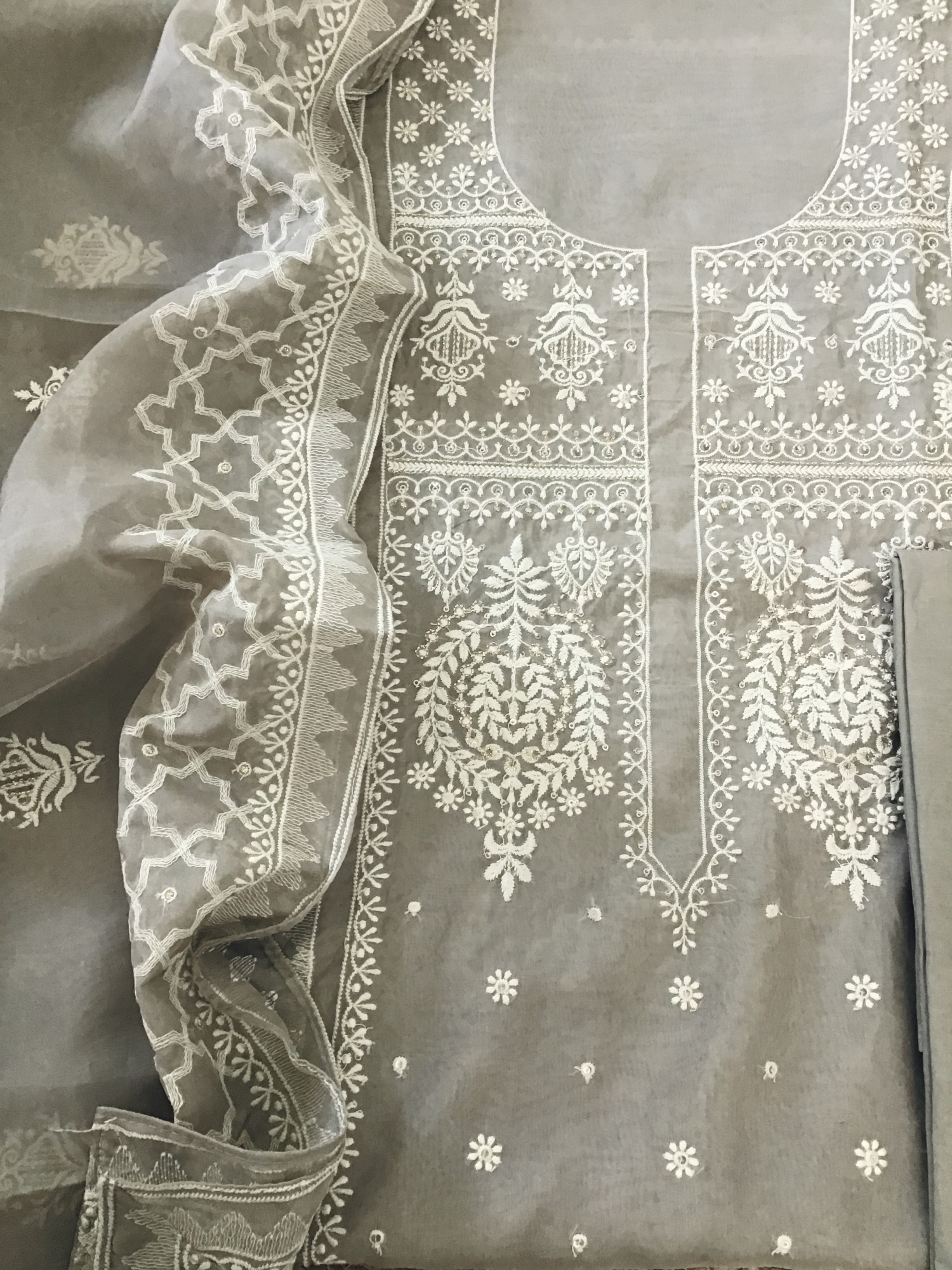 Soft Organza Embroidered Suit - Brown