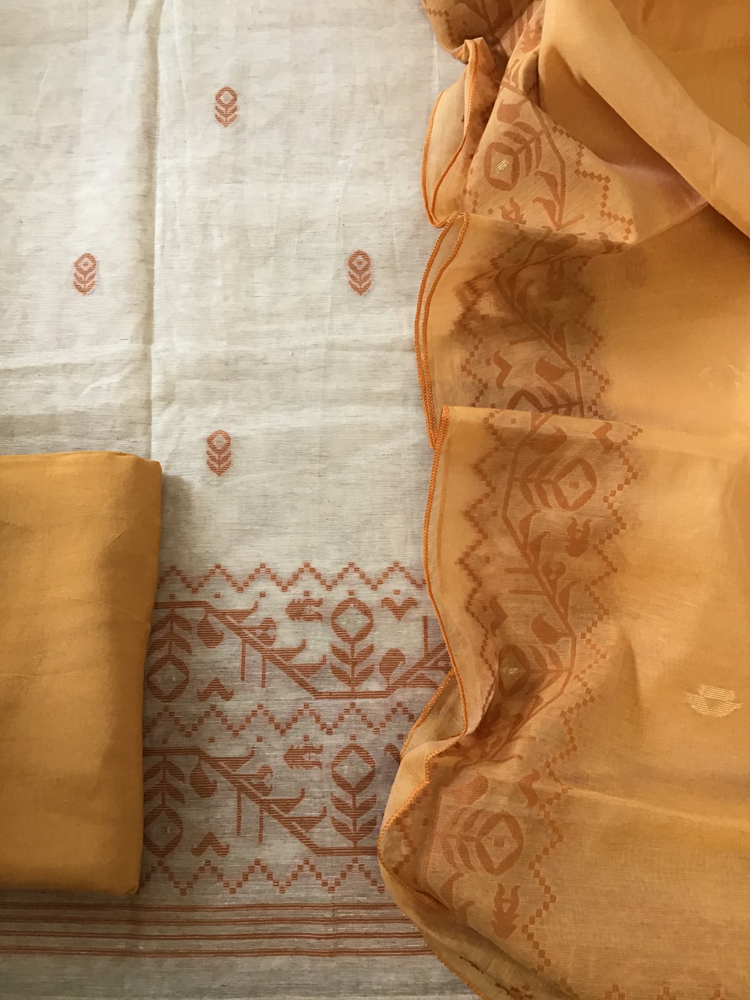 Soft Slub Chanderi Jamdani Weaved Embroidered Suit - Beige