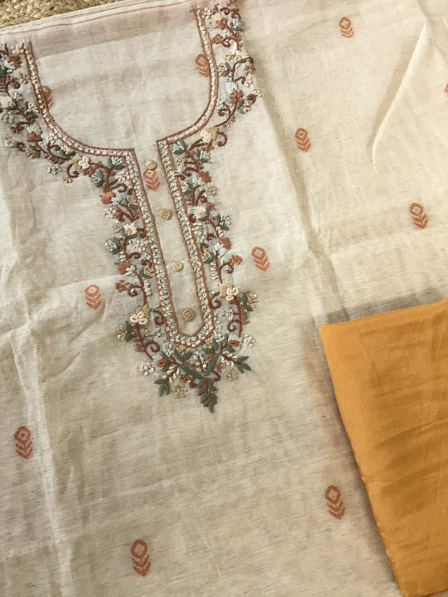 Soft Slub Chanderi Jamdani Weaved Embroidered Suit - Beige