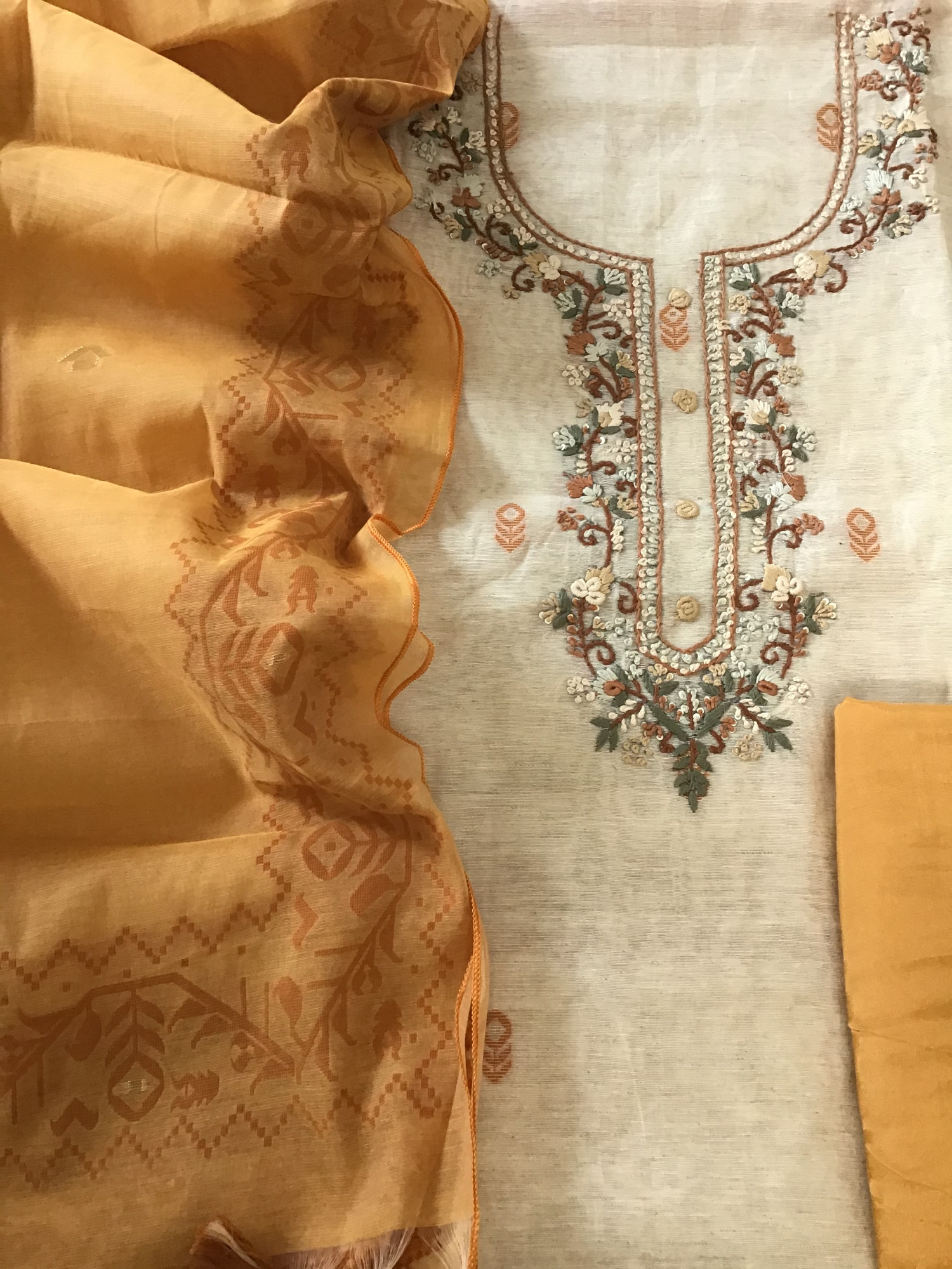 Soft Slub Chanderi Jamdani Weaved Embroidered Suit - Beige