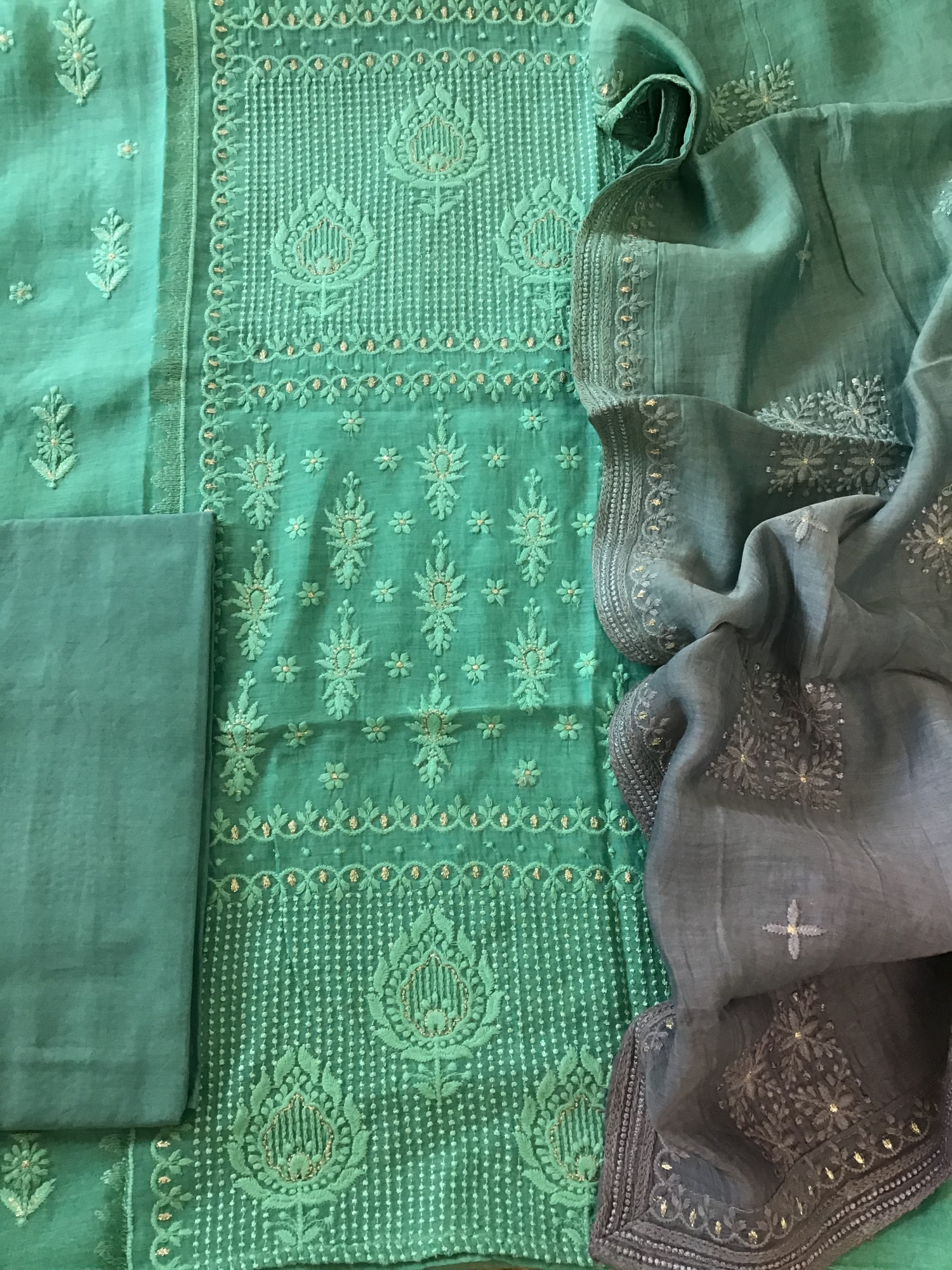 Pure Chanderi Embroidered Suit - Green