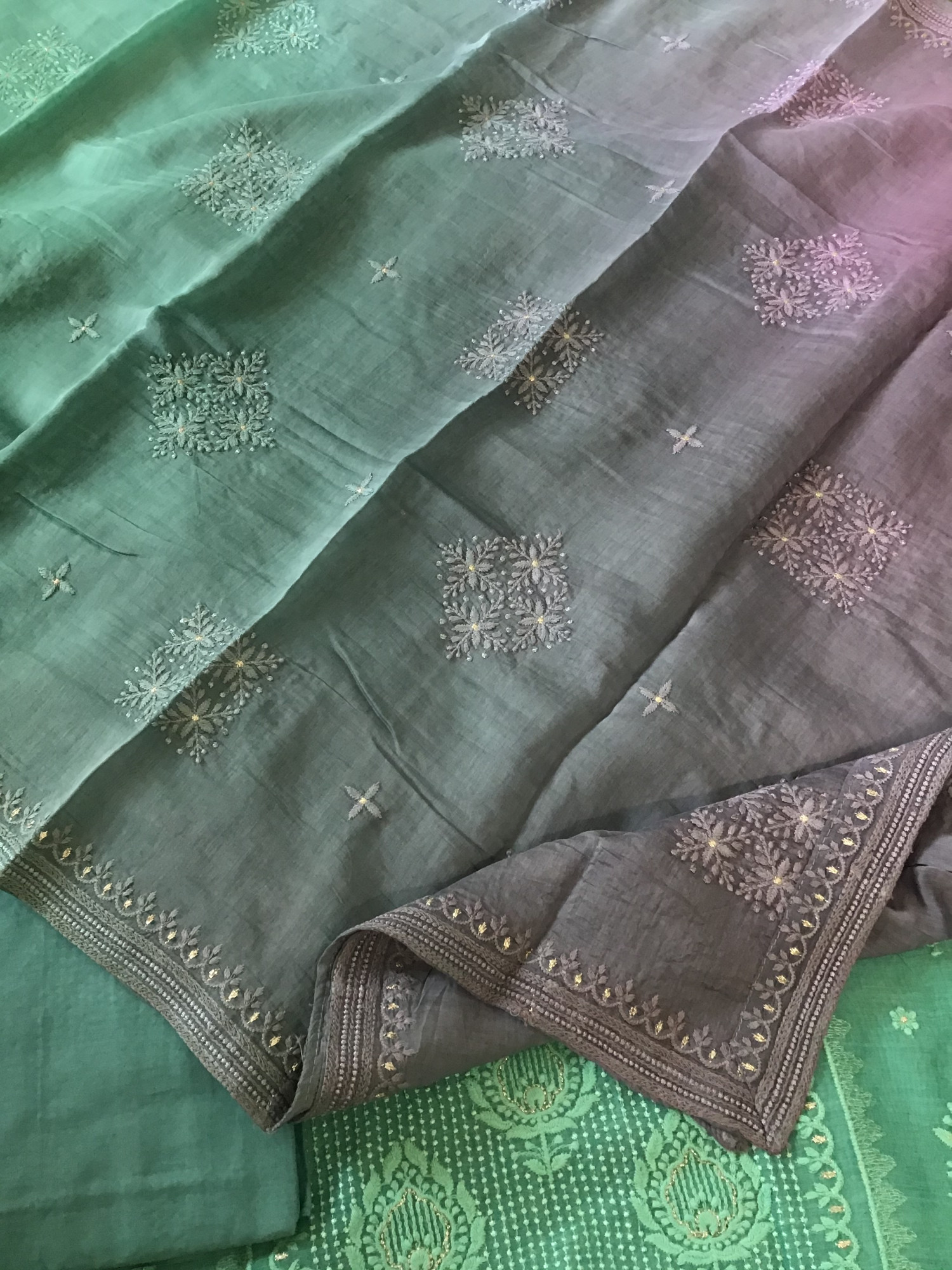 Pure Chanderi Embroidered Suit - Green