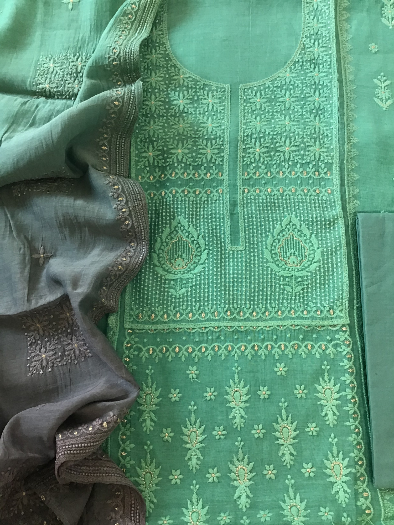 Pure Chanderi Embroidered Suit - Green