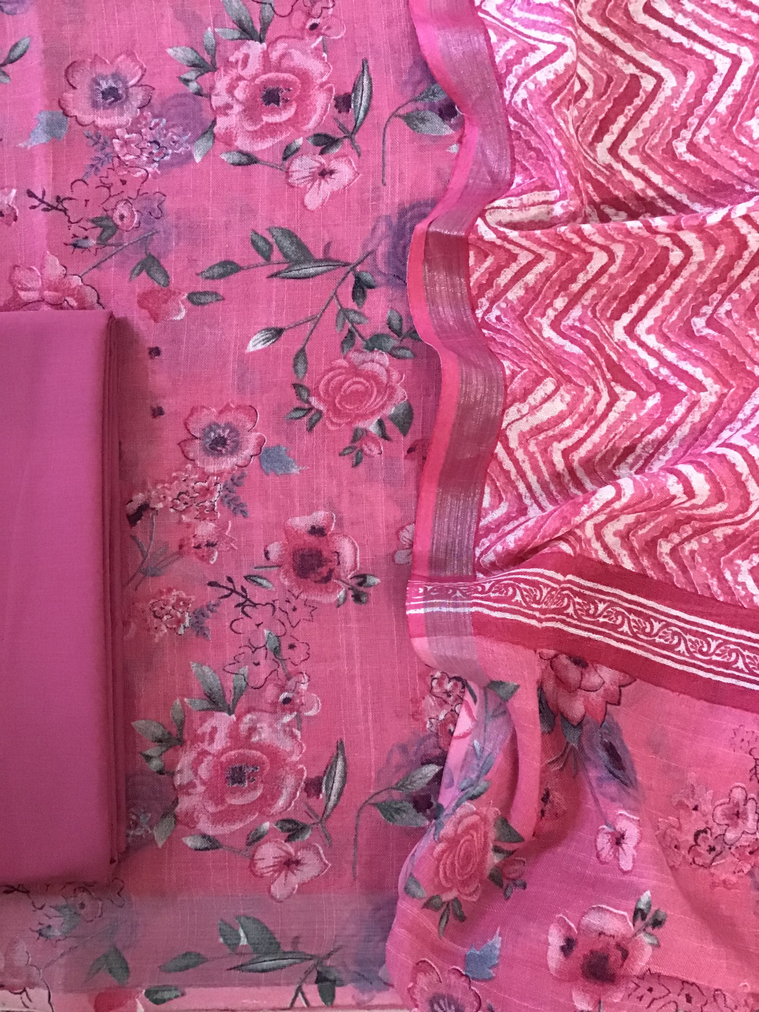 Pure Linen Jute Cotton Printed Suit - Pink