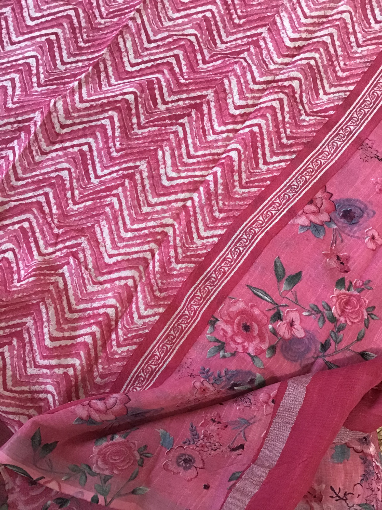 Pure Linen Jute Cotton Printed Suit - Pink