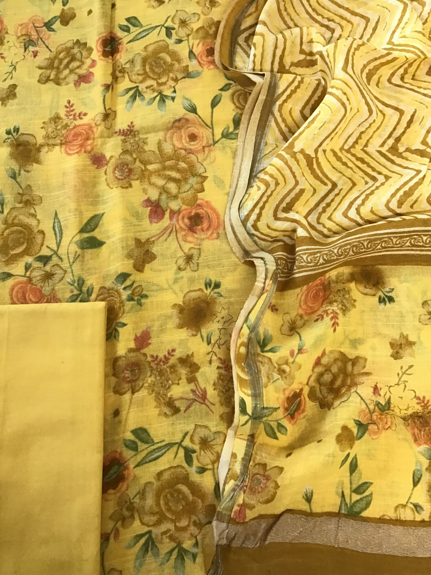 Pure Linen Jute Cotton Printed Suit - Yellow