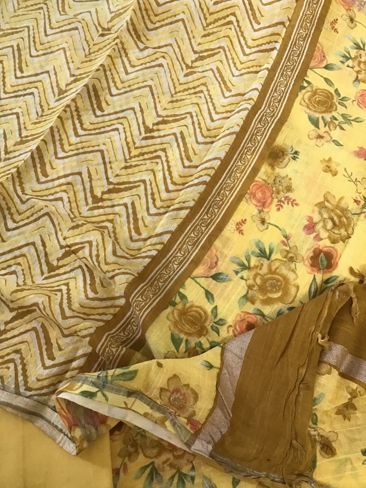 Pure Linen Jute Cotton Printed Suit - Yellow