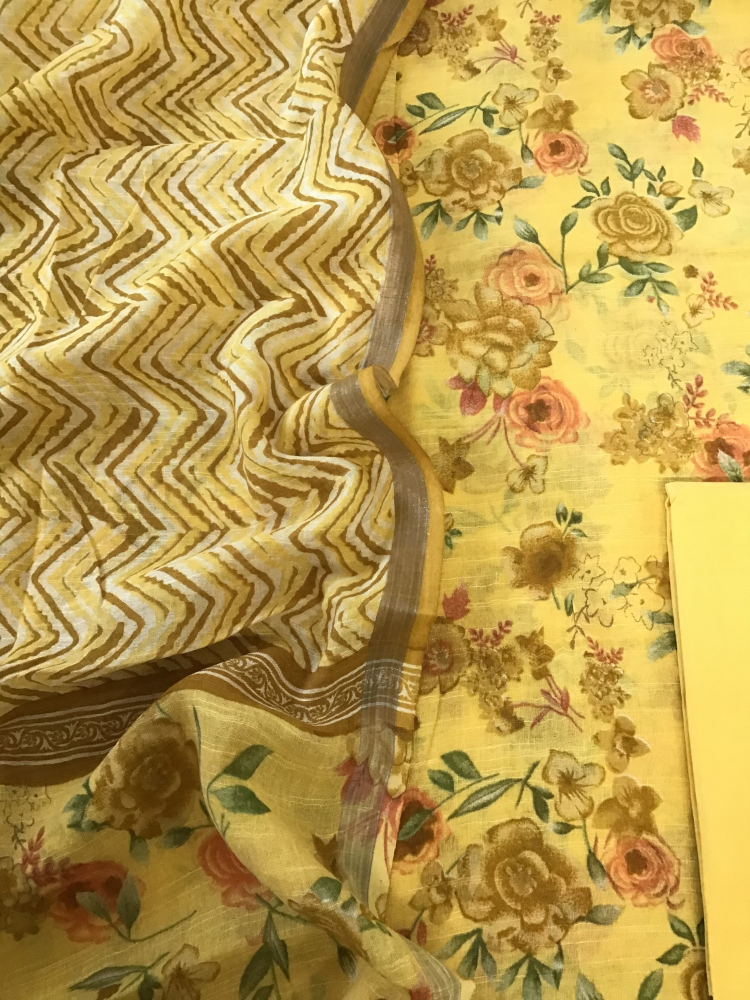 Pure Linen Jute Cotton Printed Suit - Yellow