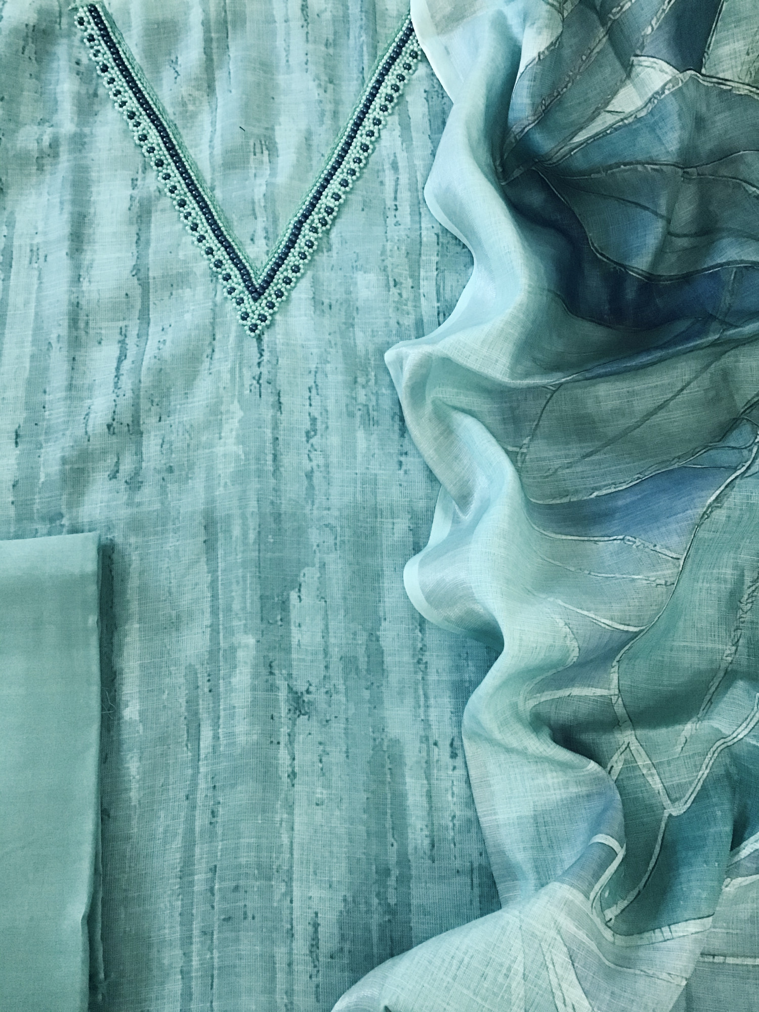 Soft Semi Linen Jute Cotton Printed Embroidered Suit - Blue