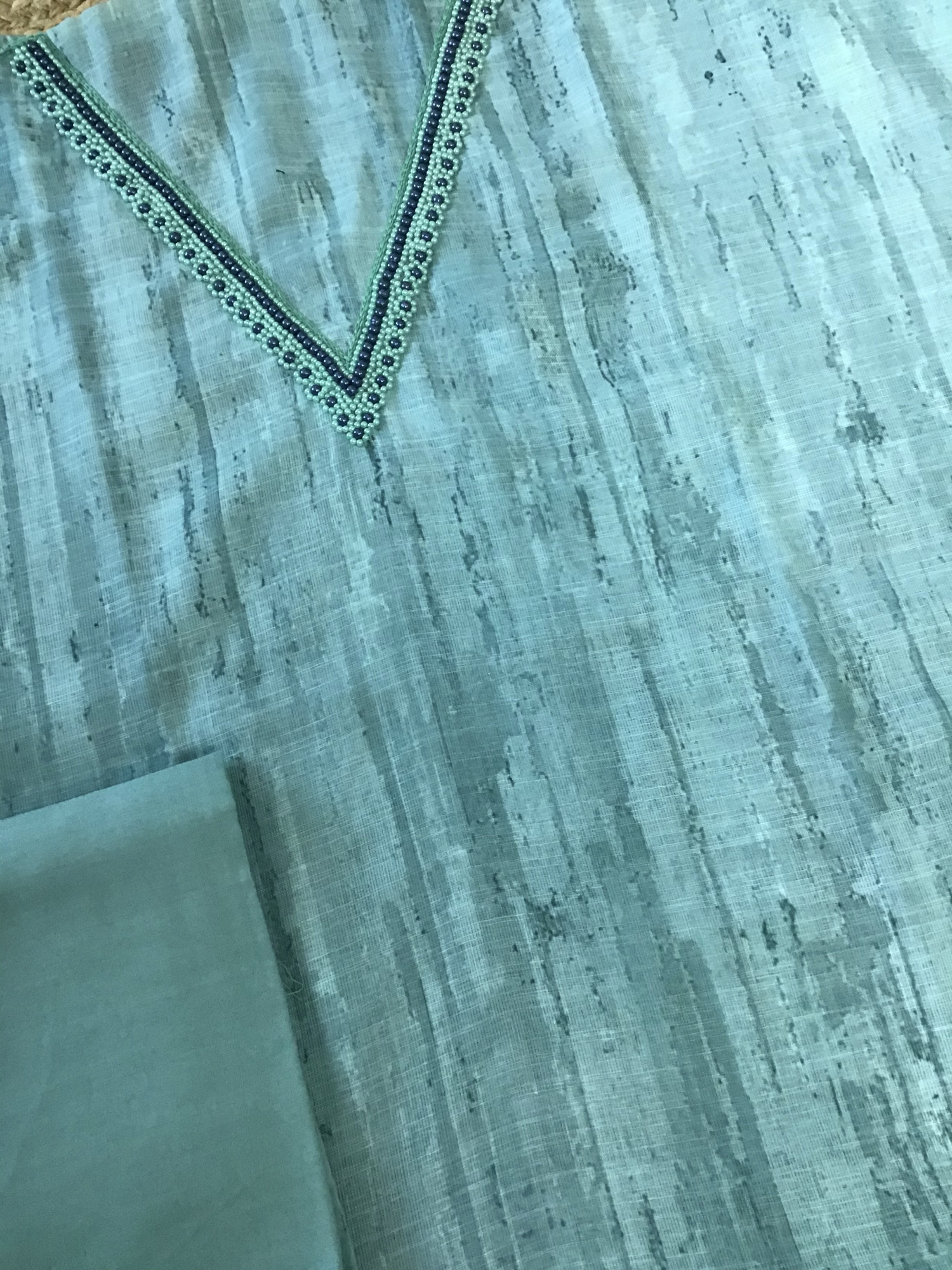 Soft Semi Linen Jute Cotton Printed Embroidered Suit - Blue