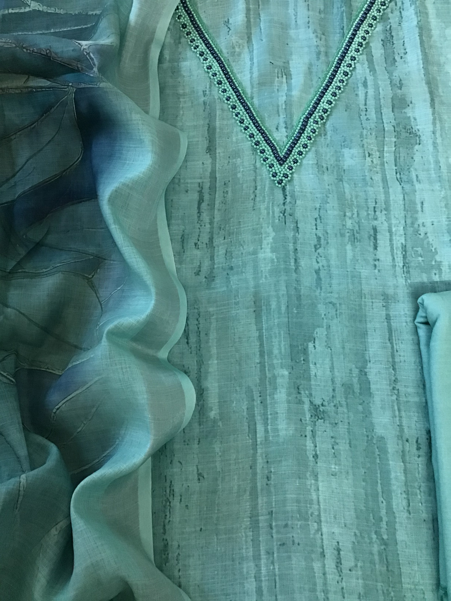 Soft Semi Linen Jute Cotton Printed Embroidered Suit - Blue