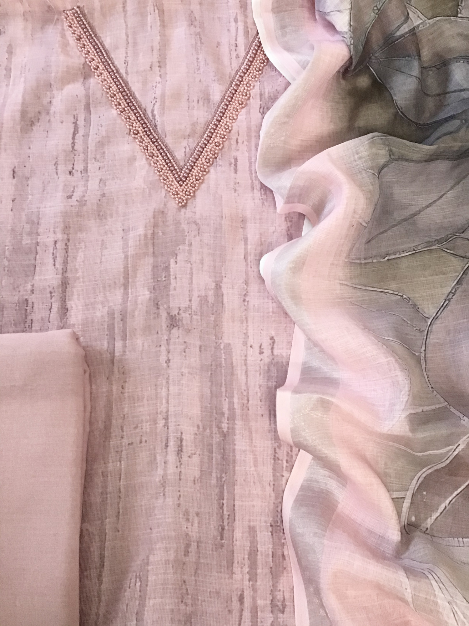 Soft Semi Linen Jute Cotton Printed Embroidered Suit - Pink