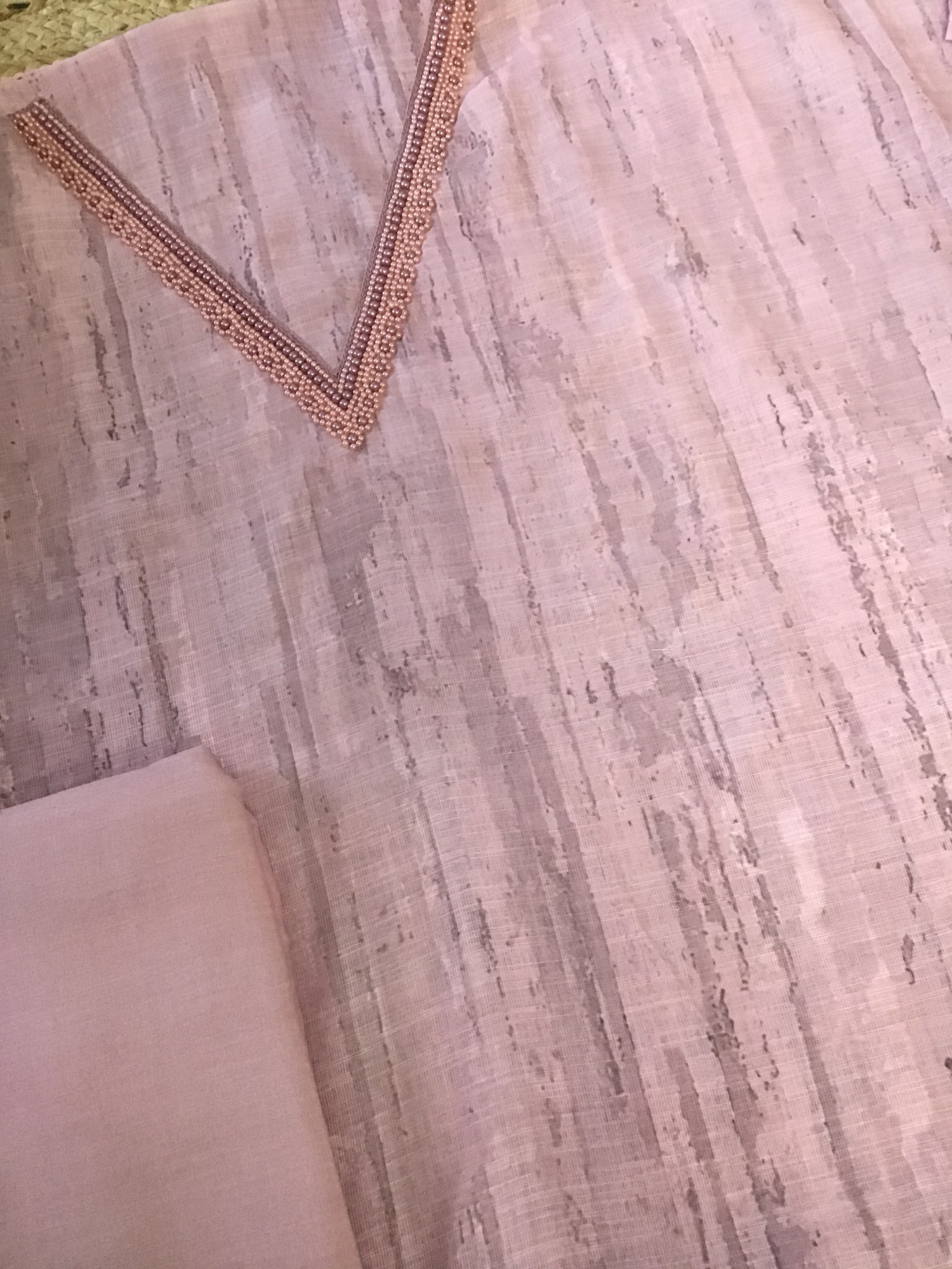 Soft Semi Linen Jute Cotton Printed Embroidered Suit - Pink