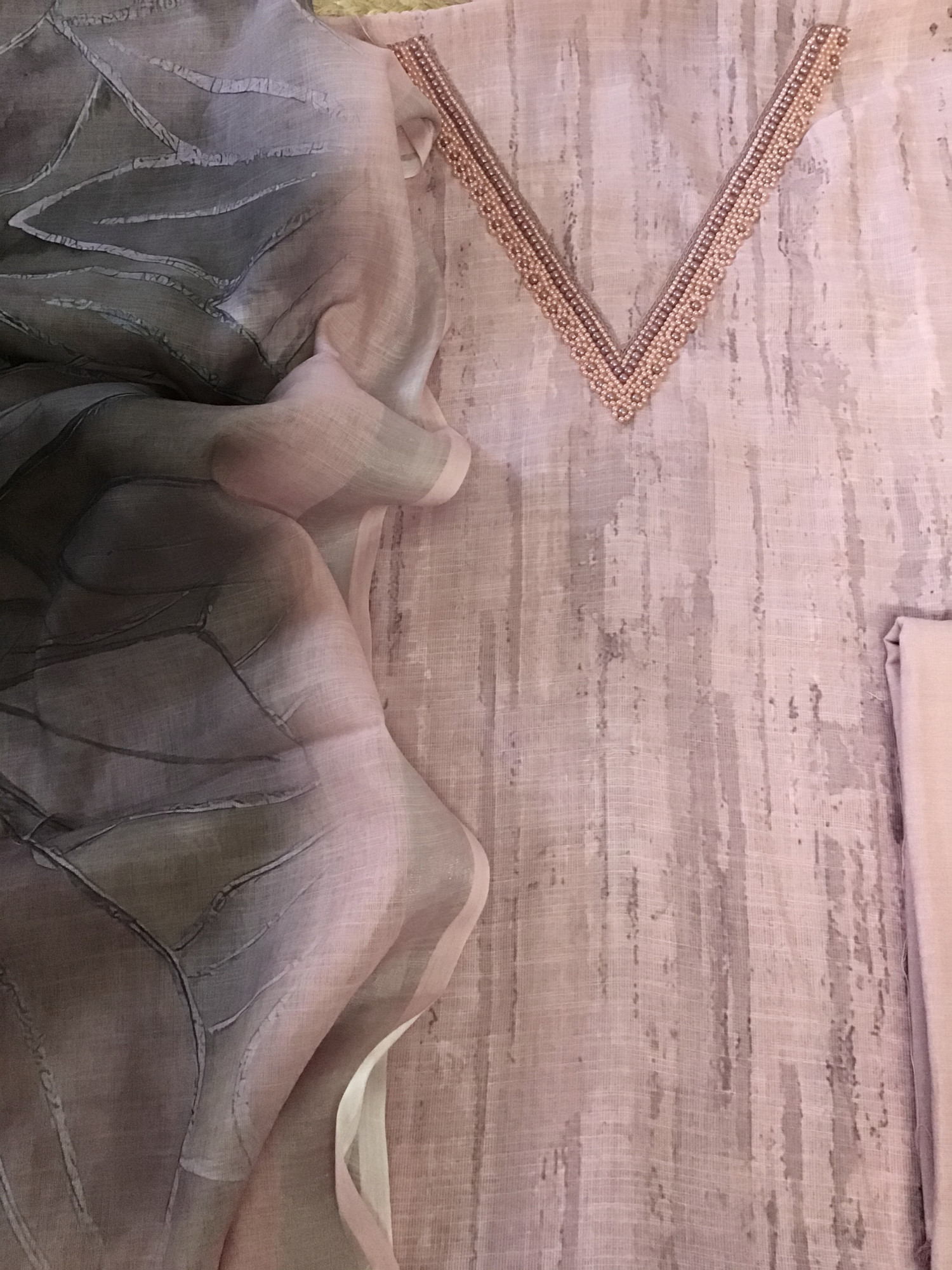 Soft Semi Linen Jute Cotton Printed Embroidered Suit - Pink