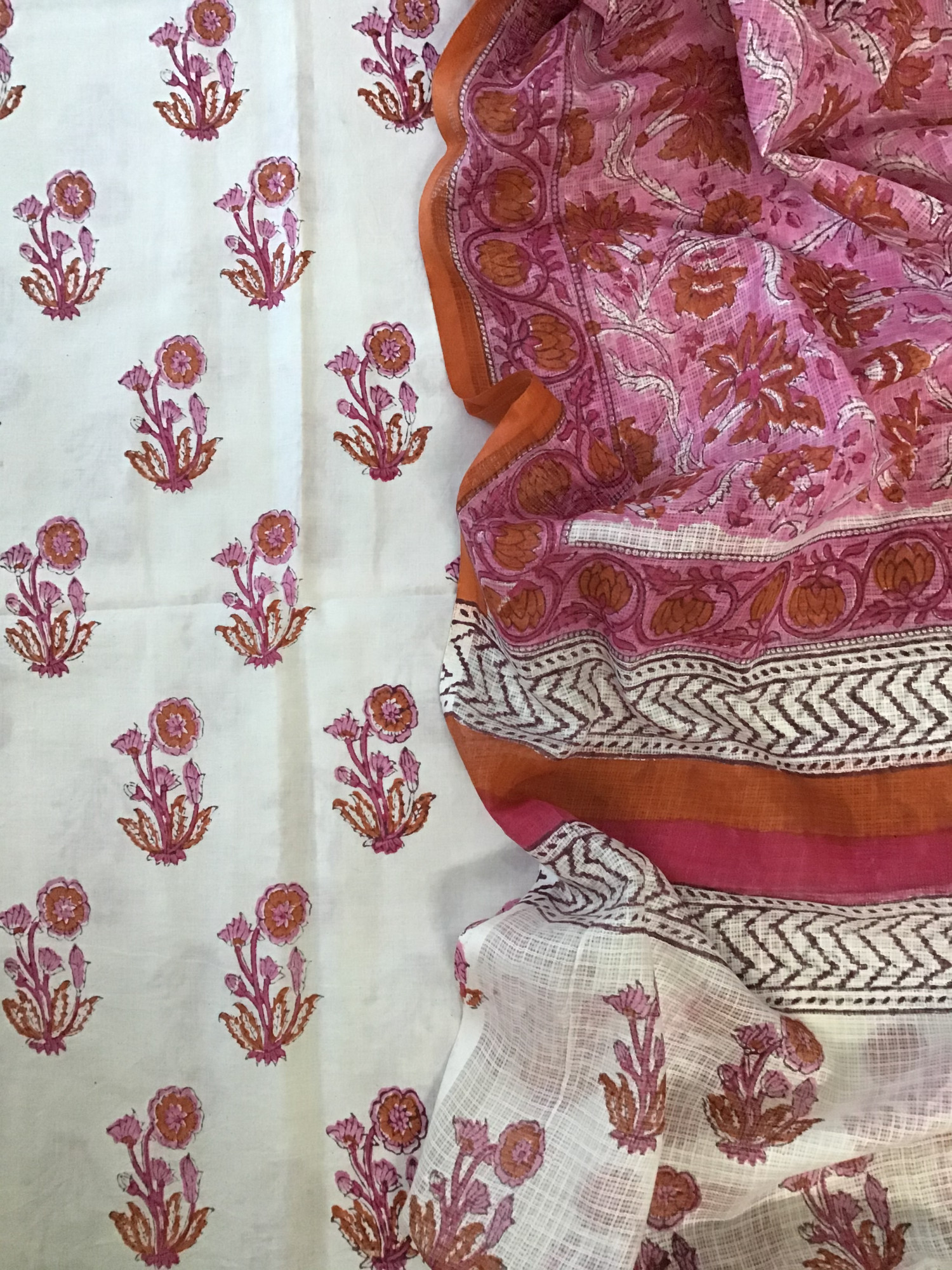 Pure Fine Cotton Printed Suit - WhitePink