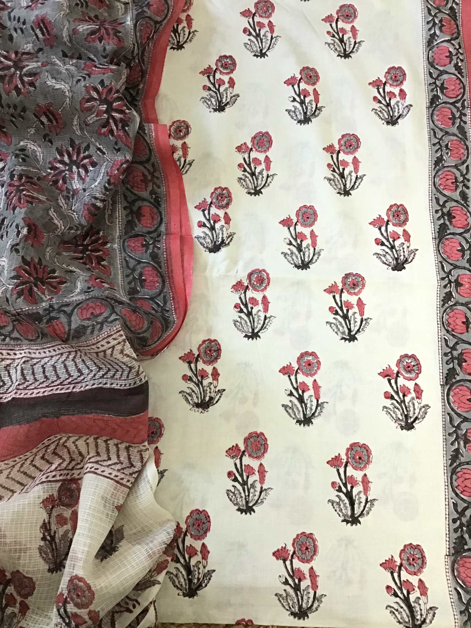 Pure Fine Cotton Printed Suit - WhiteGrey