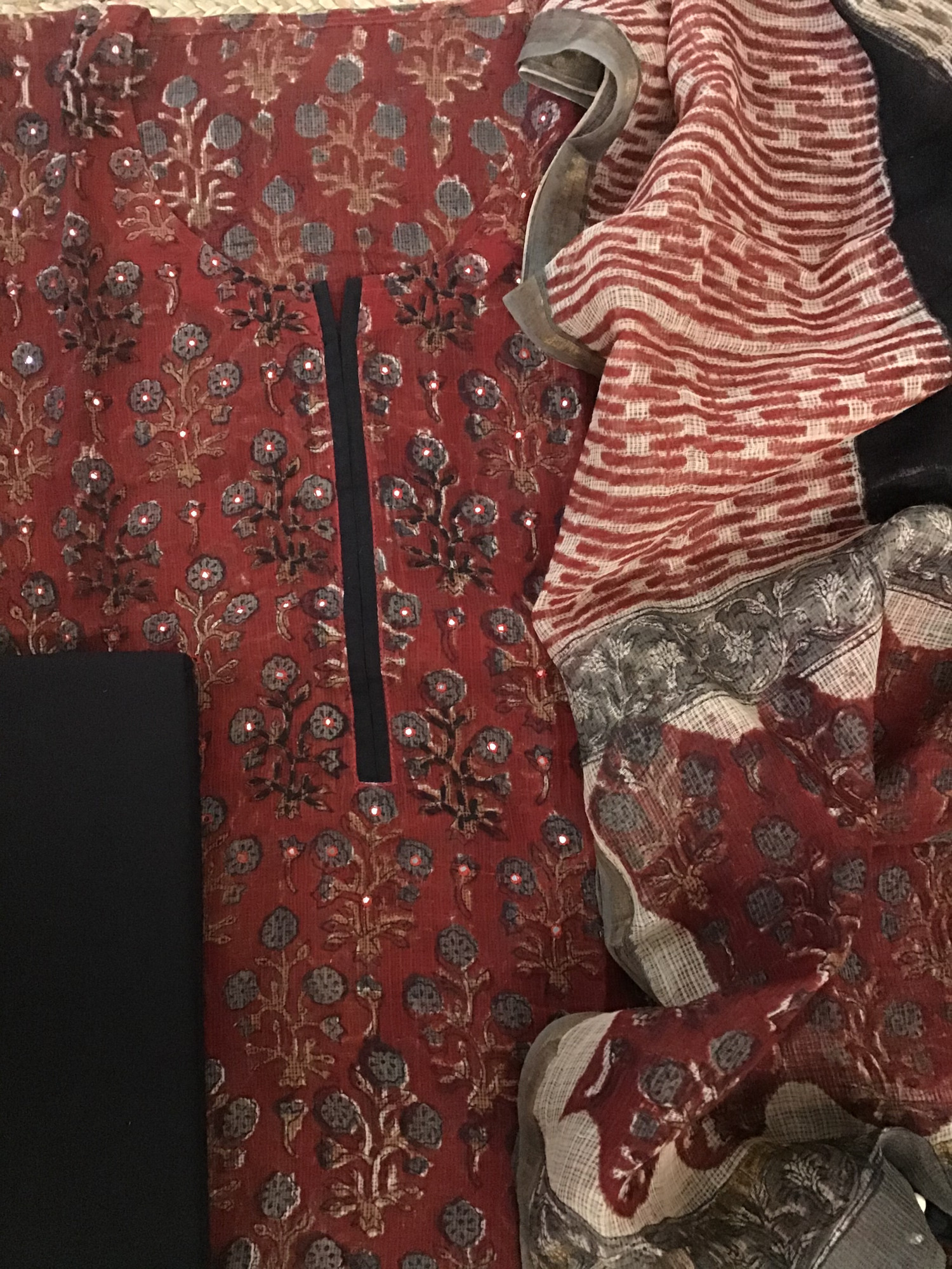 Pure Kota Cotton Printed Embroidered Suit - Maroon