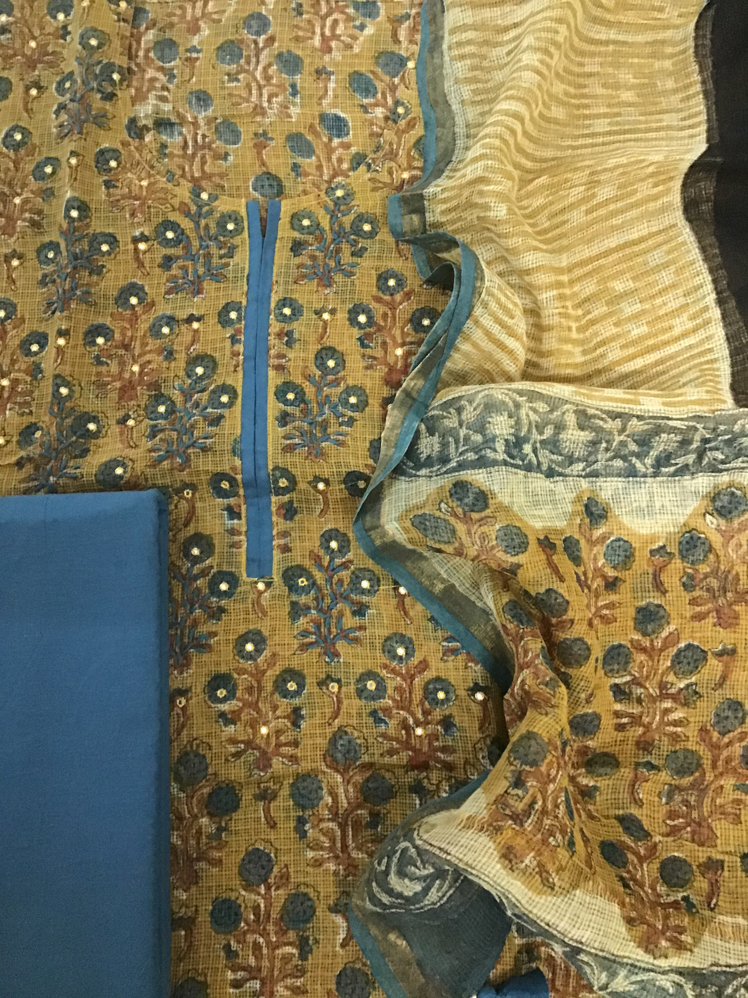 Pure Kota Cotton Printed Embroidered Suit - Yellow