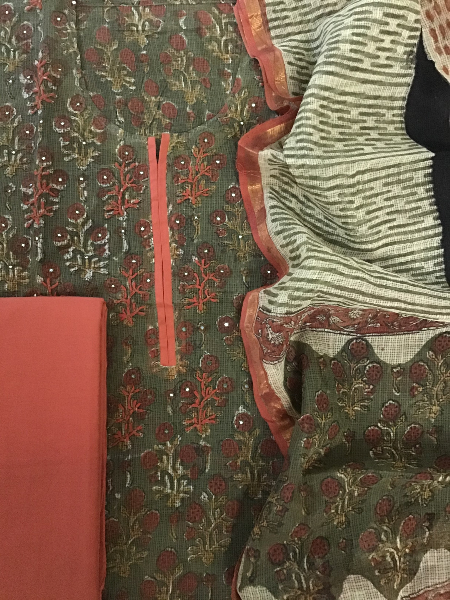 Pure Kota Cotton Printed Embroidered Suit - Green