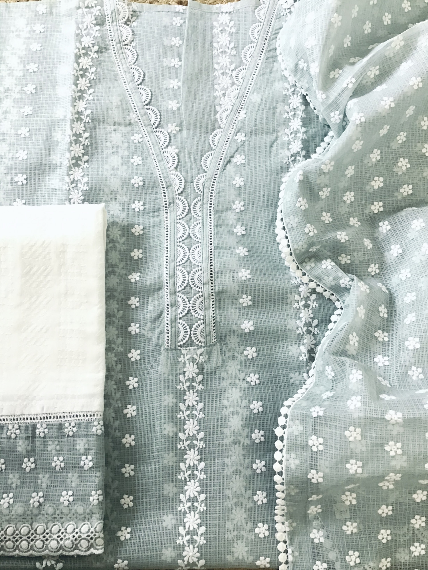 Pure Kota Cotton Embroidered Suit - Greyish Green