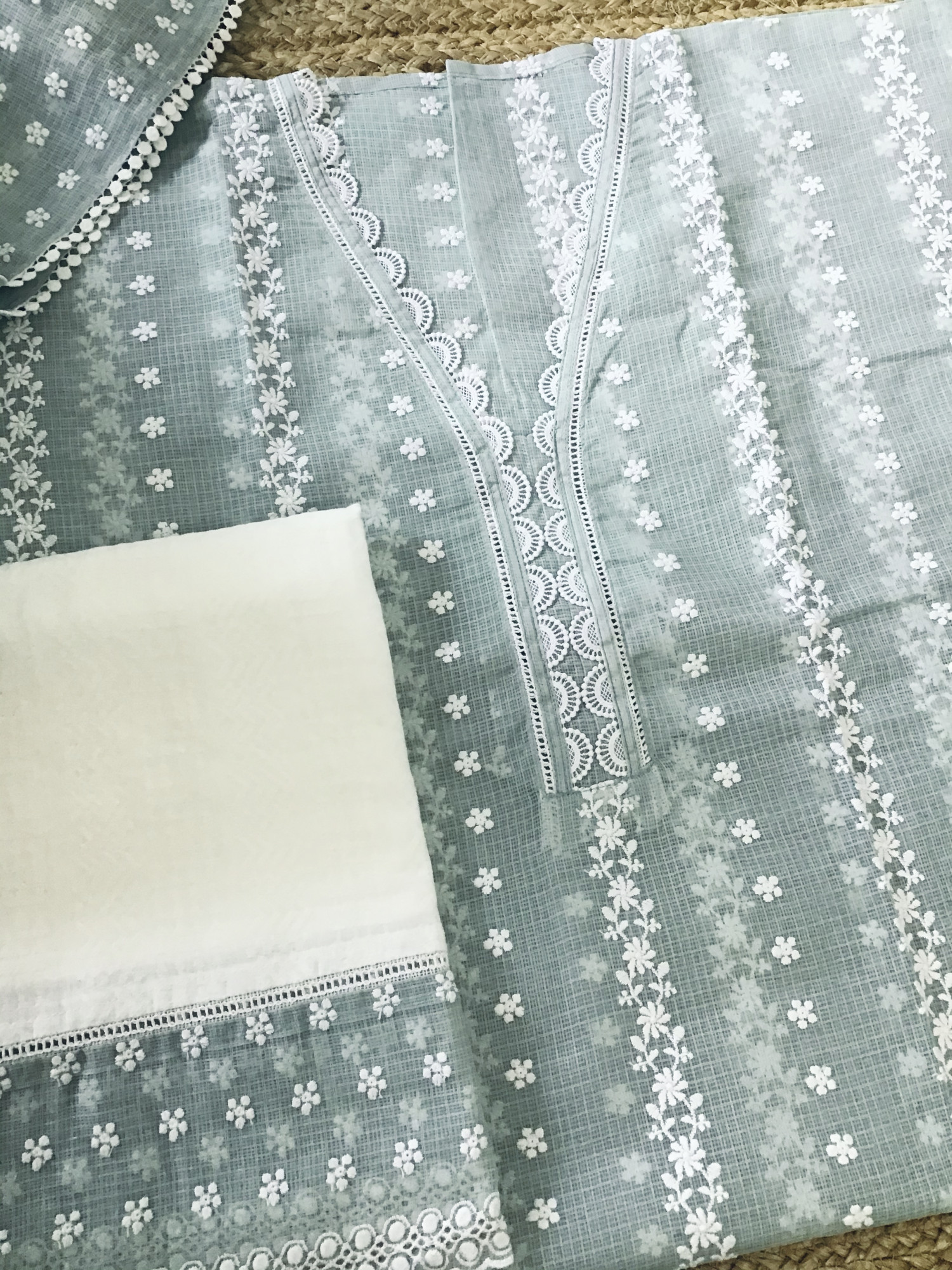 Pure Kota Cotton Embroidered Suit - Greyish Green