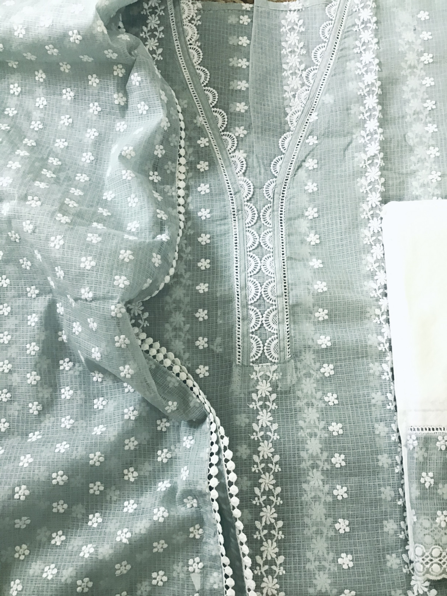 Pure Kota Cotton Embroidered Suit - Greyish Green