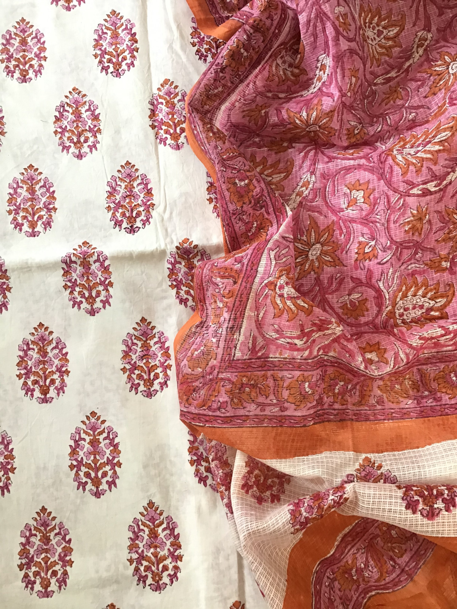 Pure Fine Cotton Printed Suit - WhitePink