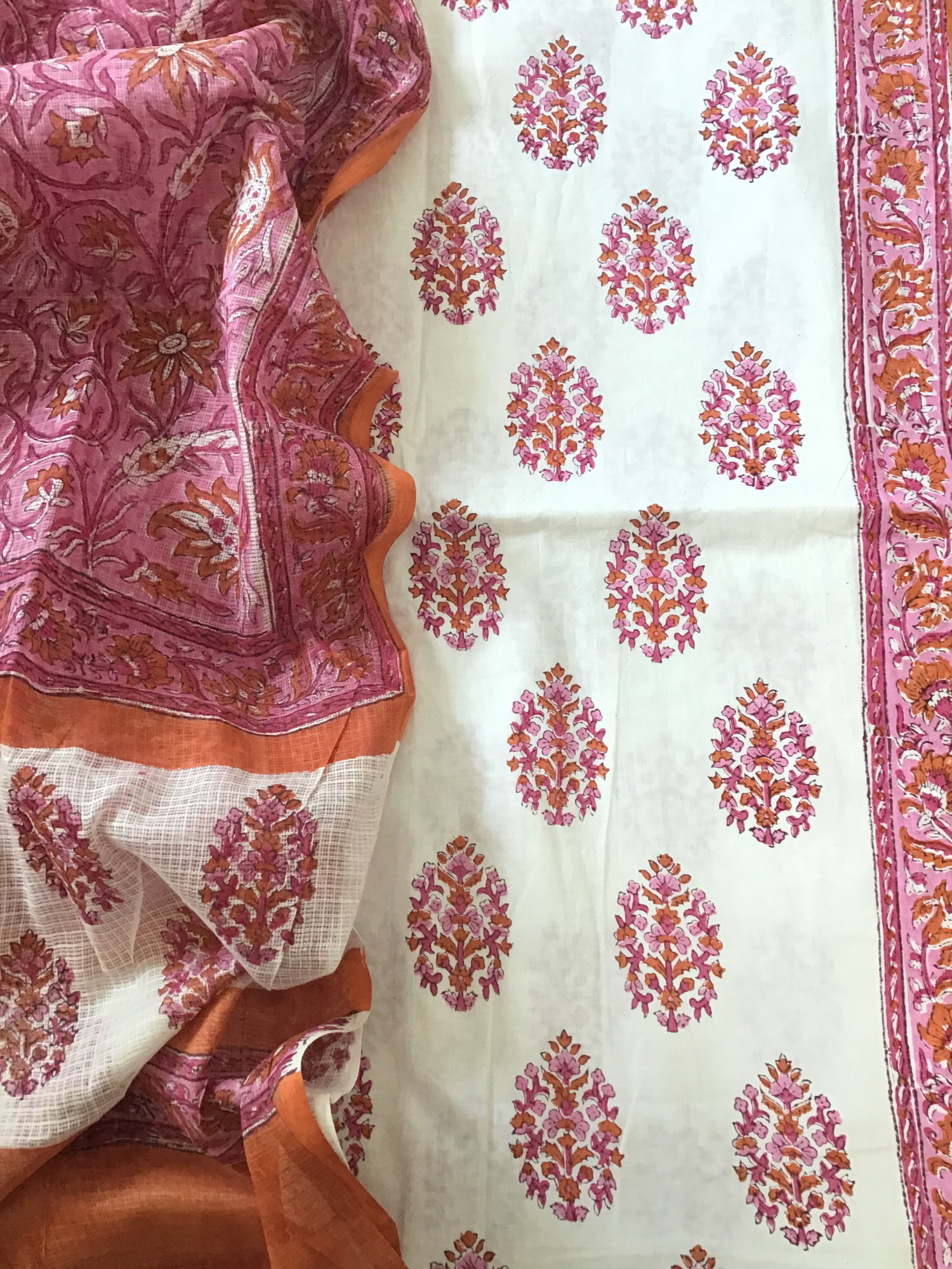 Pure Fine Cotton Printed Suit - WhitePink