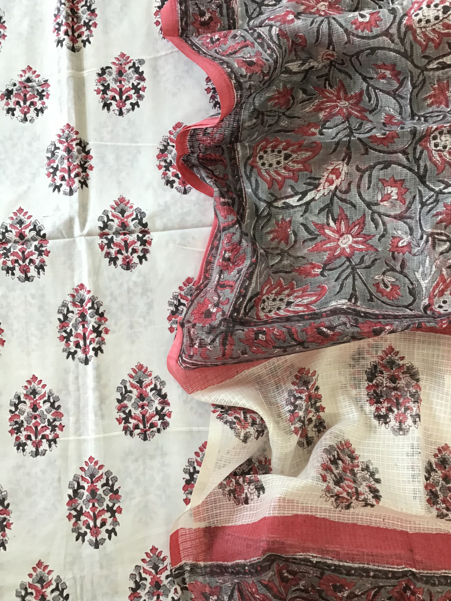 Pure Fine Cotton Printed Suit - WhiteGrey