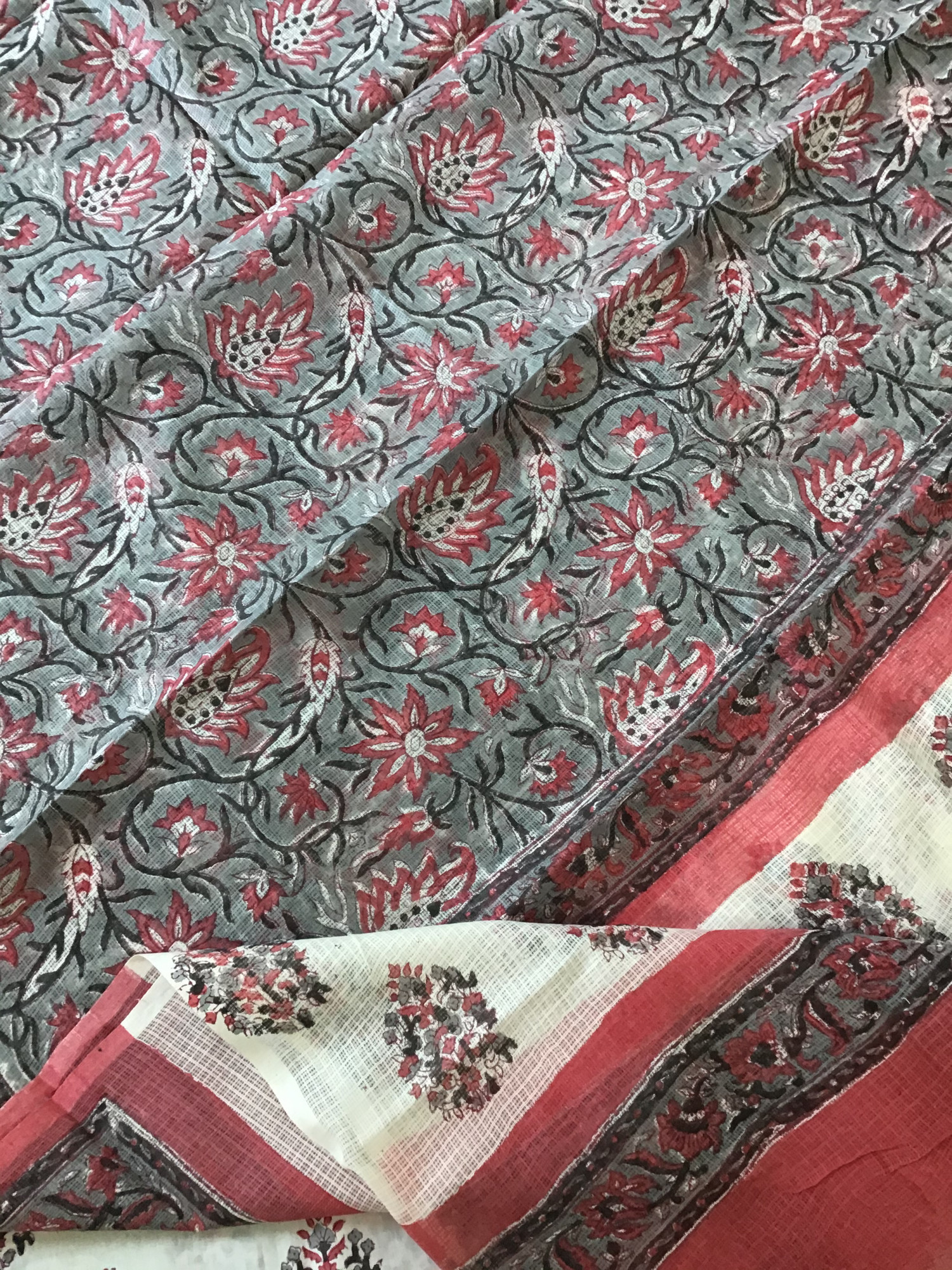 Pure Fine Cotton Printed Suit - WhiteGrey