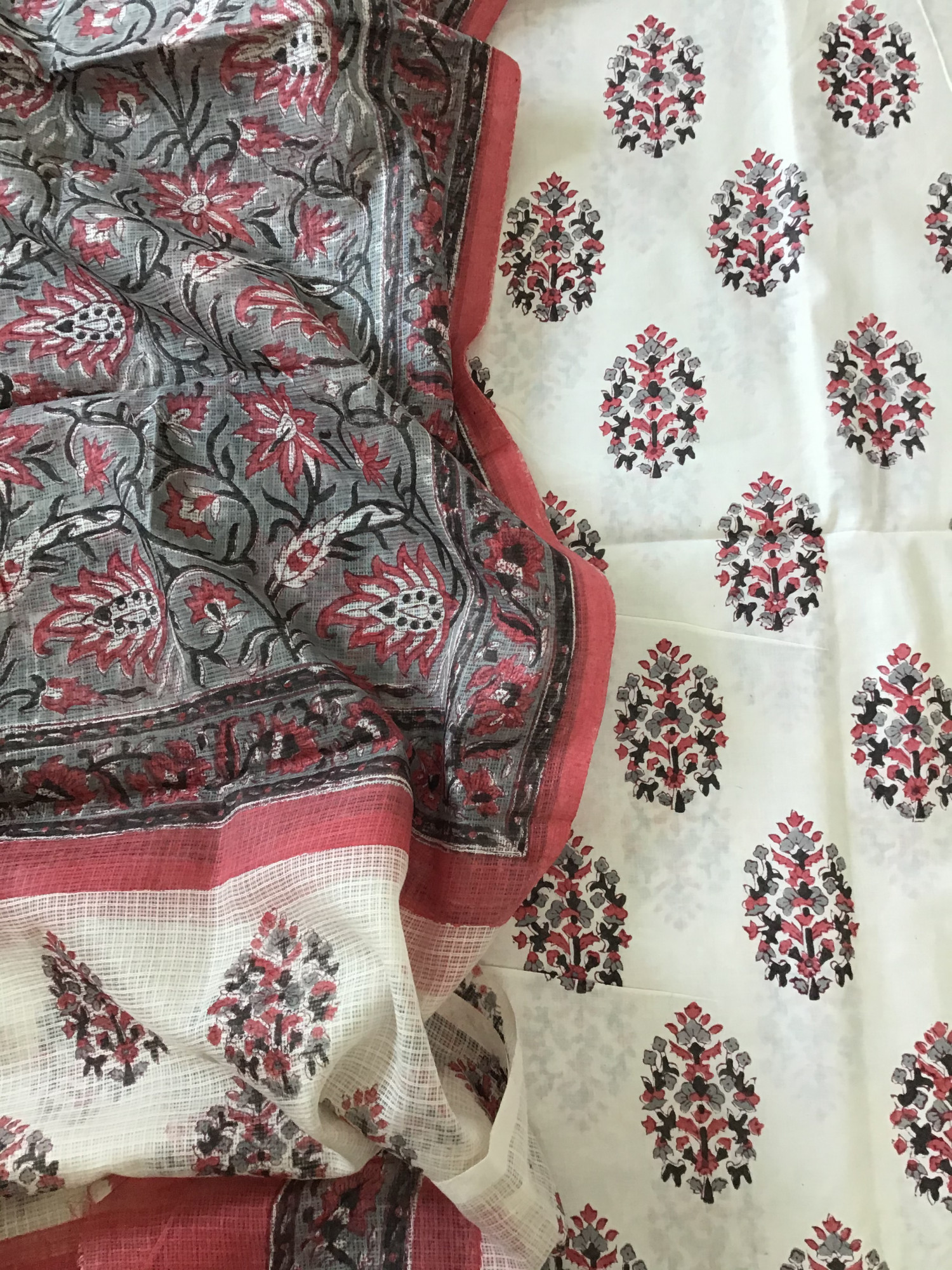 Pure Fine Cotton Printed Suit - WhiteGrey