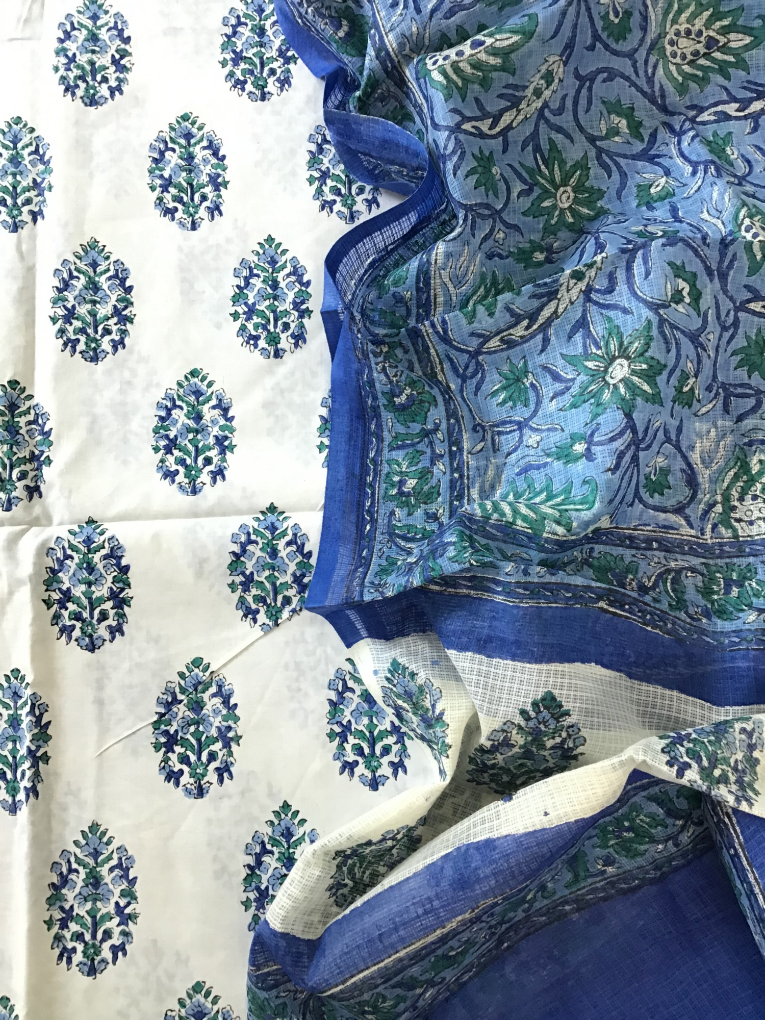 Pure Fine Cotton Printed Suit - WhiteBlue